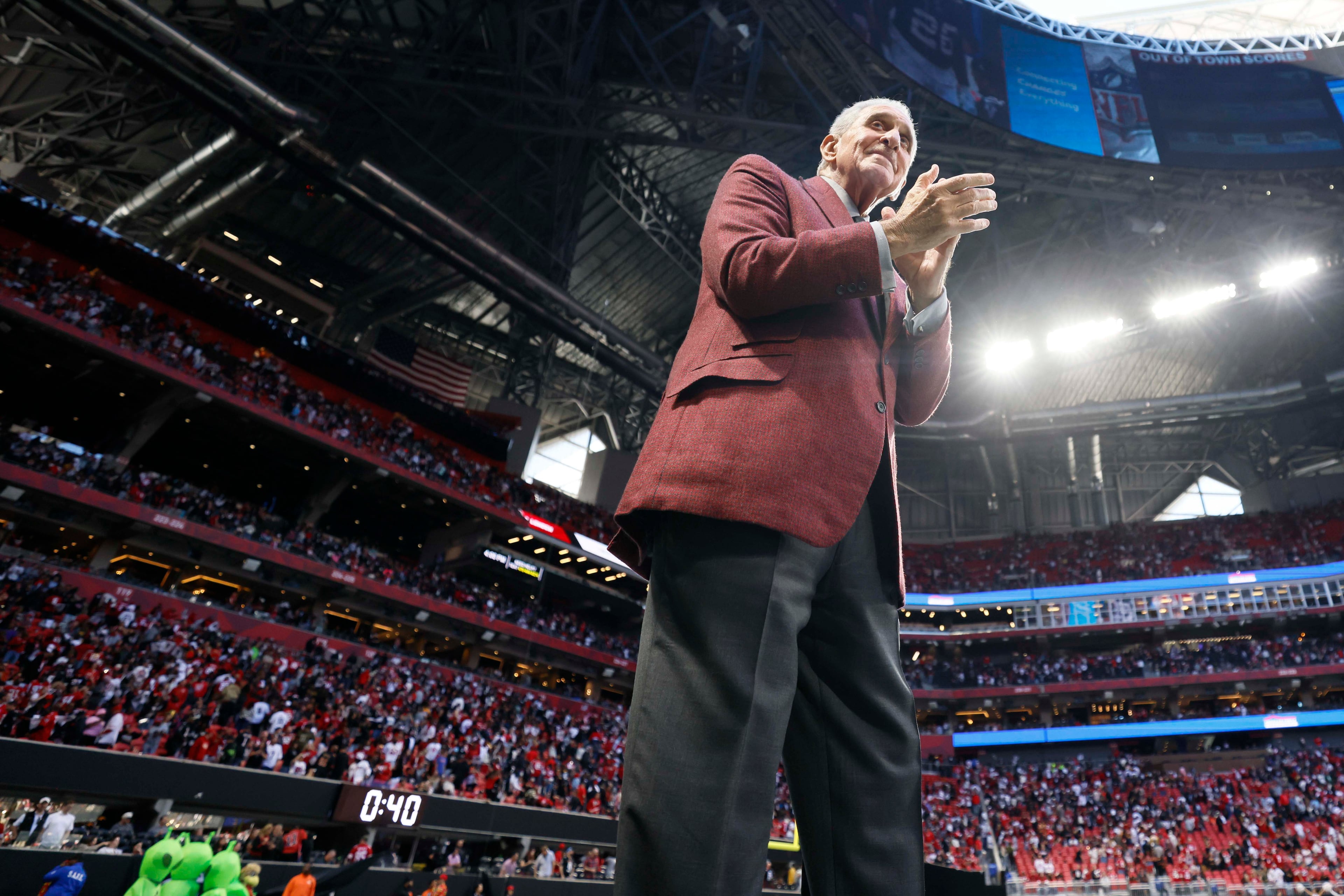 Atlanta Falcons owner Arthur Blank celebrates after his team’s 29-20 win over the San Francisco 49ers at Mercedes-Benz Stadium in Atlanta, GA, on Sunday, Oct. 25, 2026. \f (Miguel Martinez/AJC)
