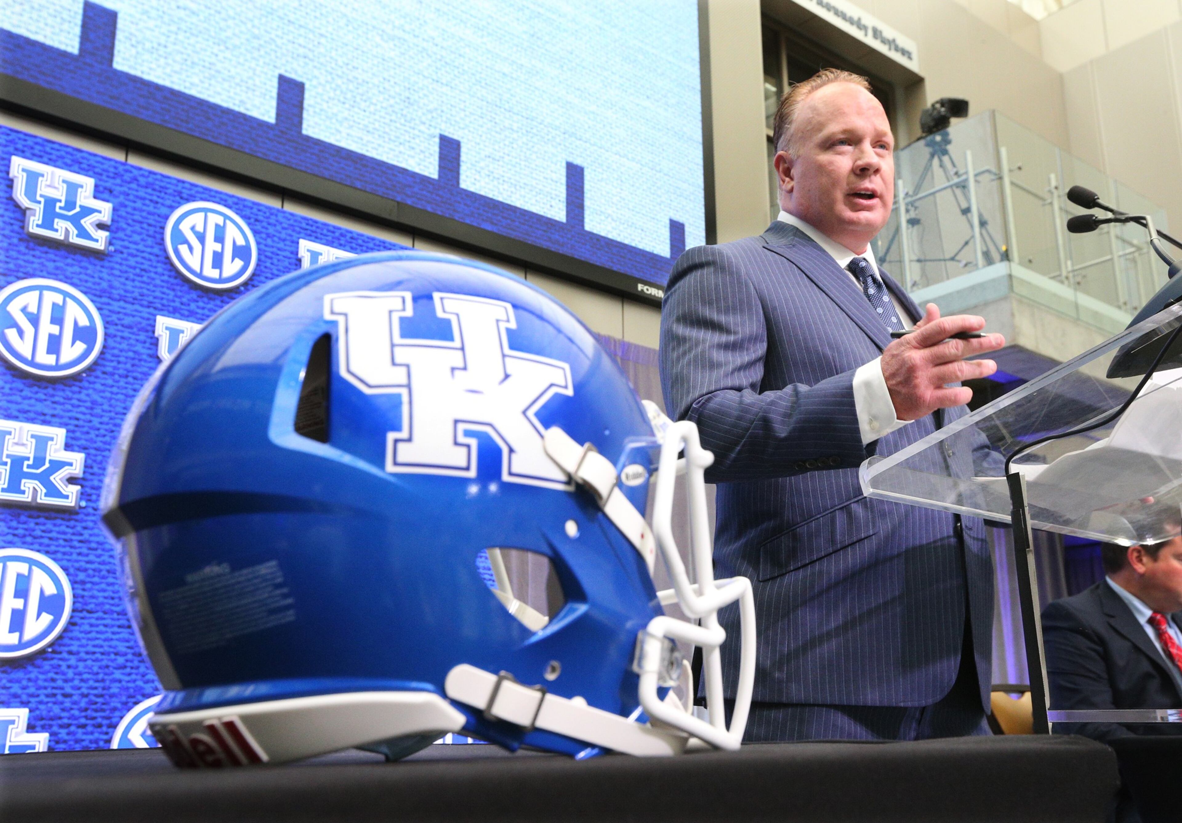 July 16, 2018 Atlanta: Kentucky head football coach Mark Stoops holds his SEC Media Days press conference at the College Football Hall of Fame on Monday, July 16, 2018, in Atlanta. Curtis Compton/ccompton@ajc.com