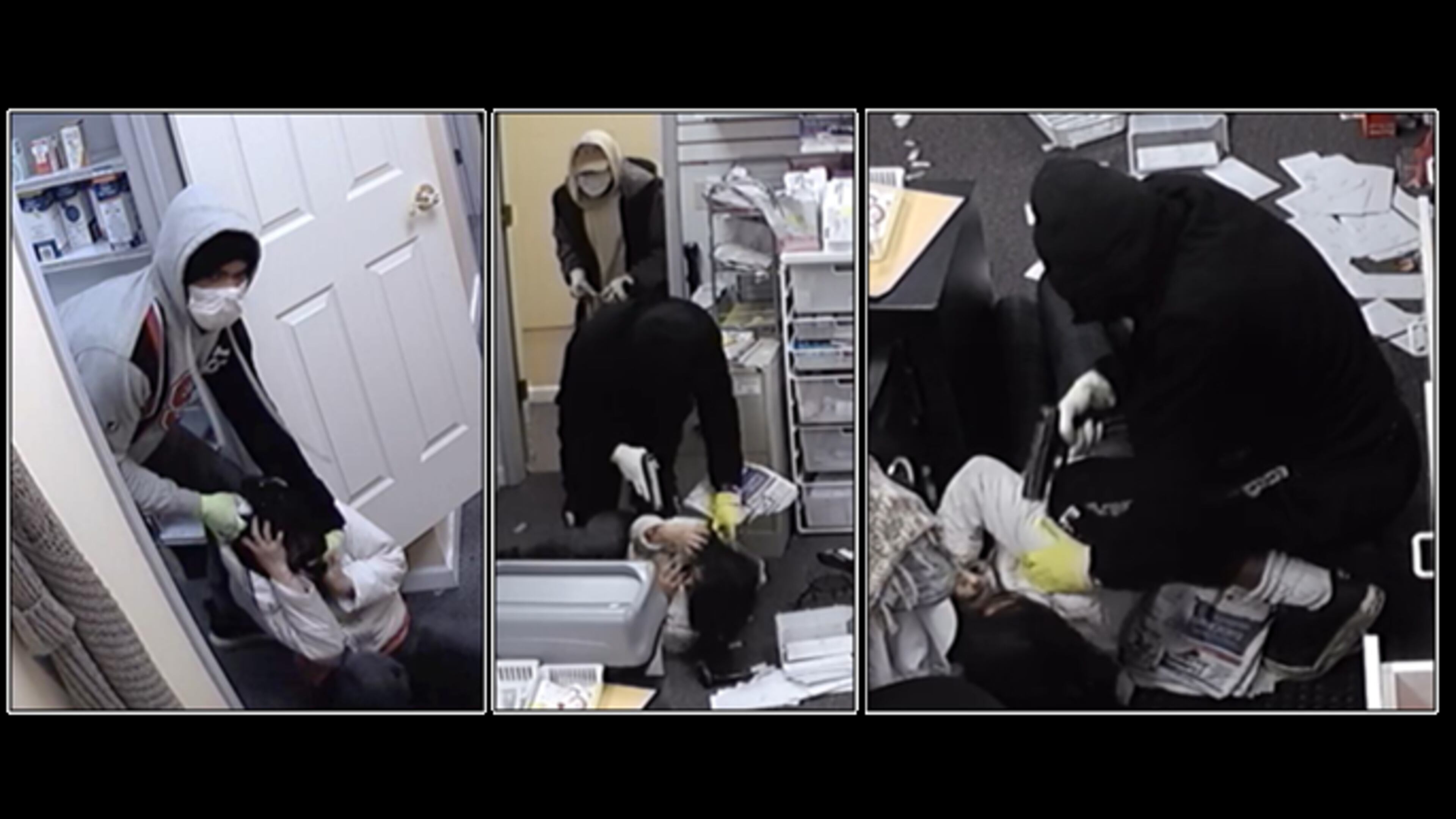A woman was dragged and held at gunpoint by three men who robbed a Norcross pharmacy.