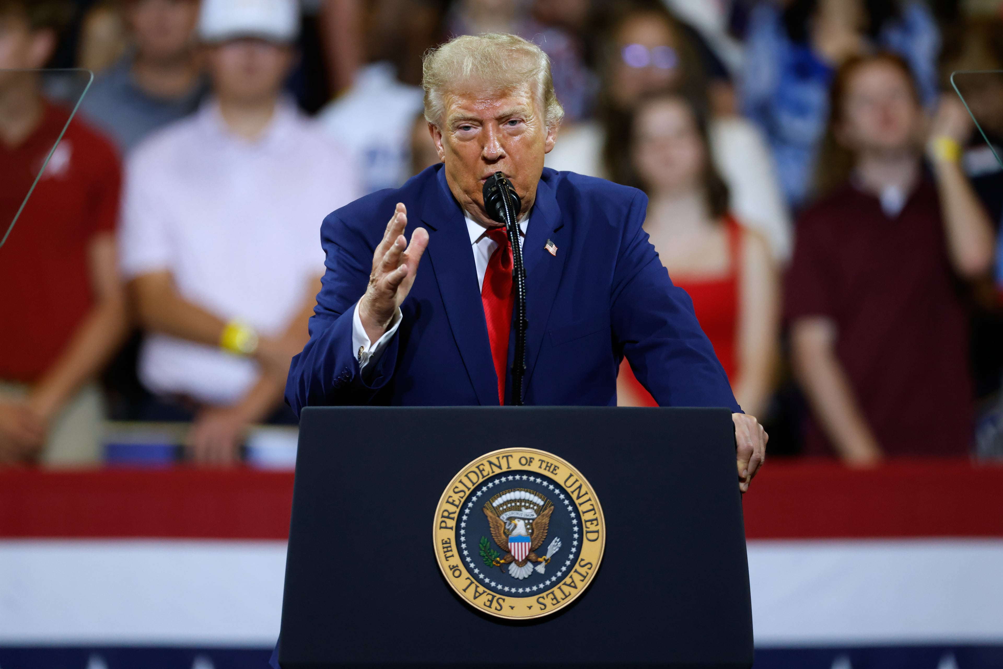 President Donald Trump speaks to a rally at Wheeler High School in Marietta, Ga., Wednesday, July 22, 2026. (AP Photo/Erik S. Lesser)