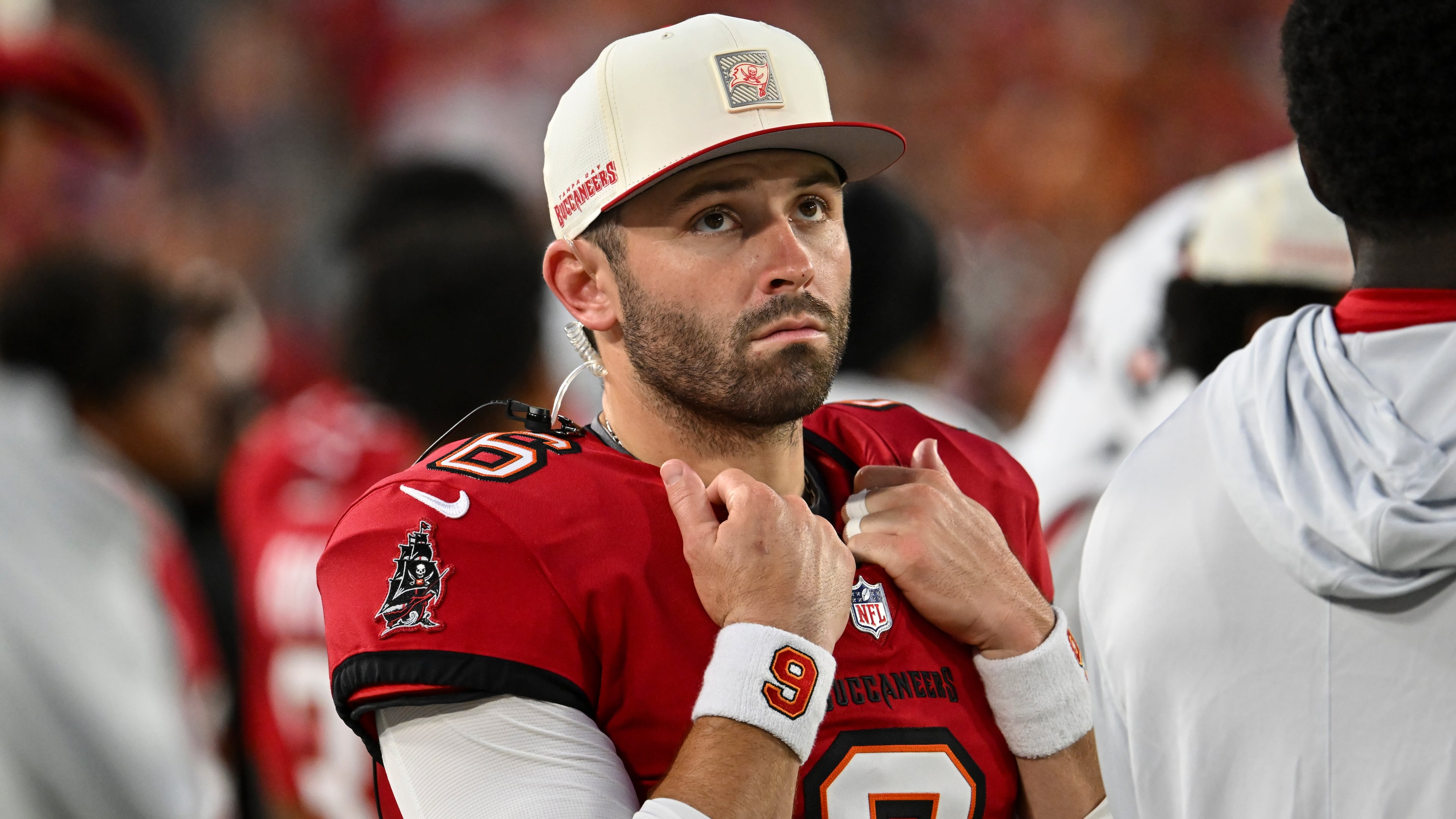 Tampa Bay Buccaneers quarterback Baker Mayfield (6) watches play against the Kansas City Chiefs in the first half an NFL football game, Saturday, Aug. 22, 2026, in Tampa, Fla. (AP Photo/Mark LoMoglio)