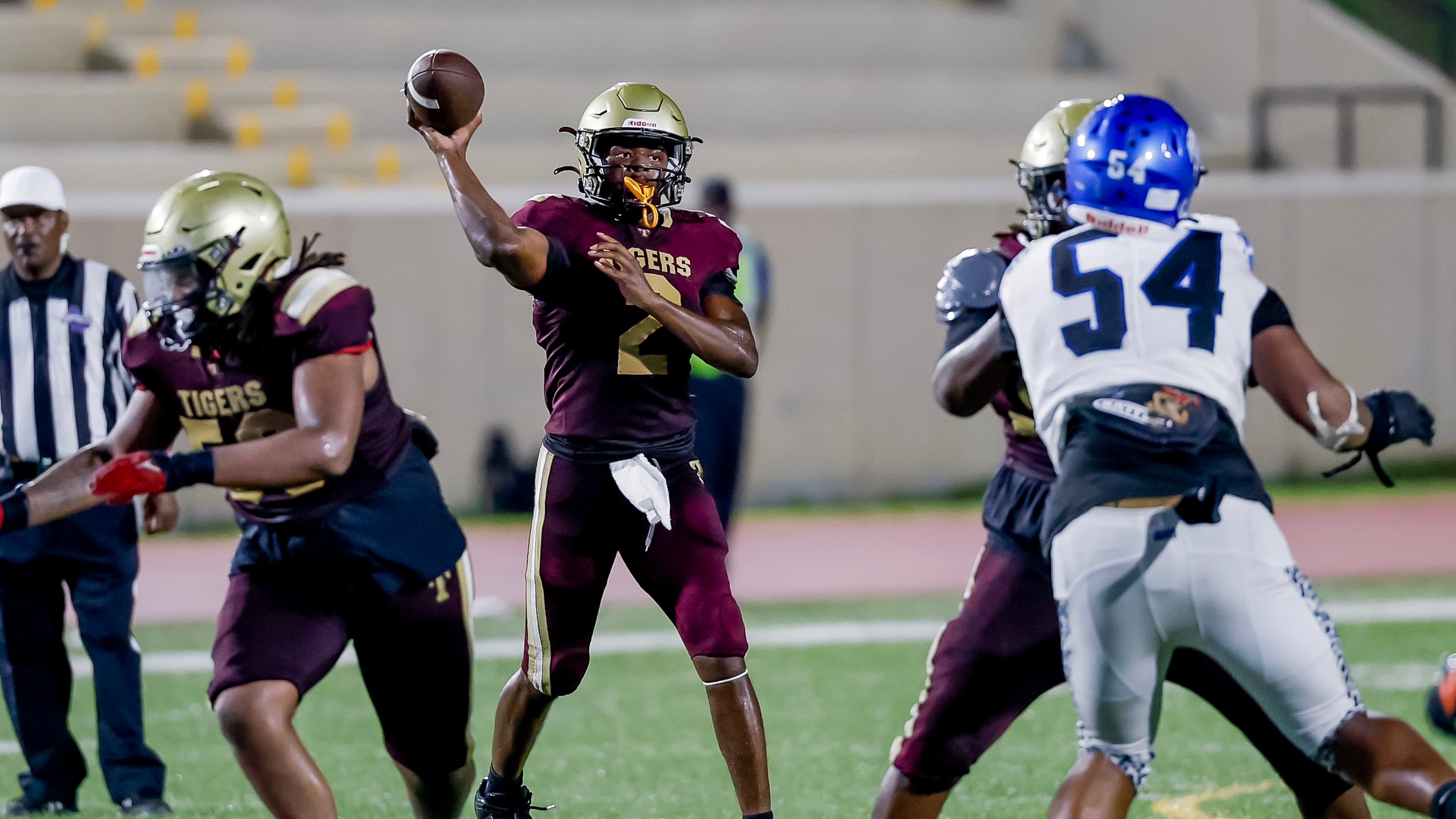 Tucker quarterback Jace German passes against Stephenson during the second half of a high school football game Hallford Stadium, Friday, Sept. 4, 2026, in Clarkston. Tucker won 21-14. (Erik S. Lesser for the AJC)