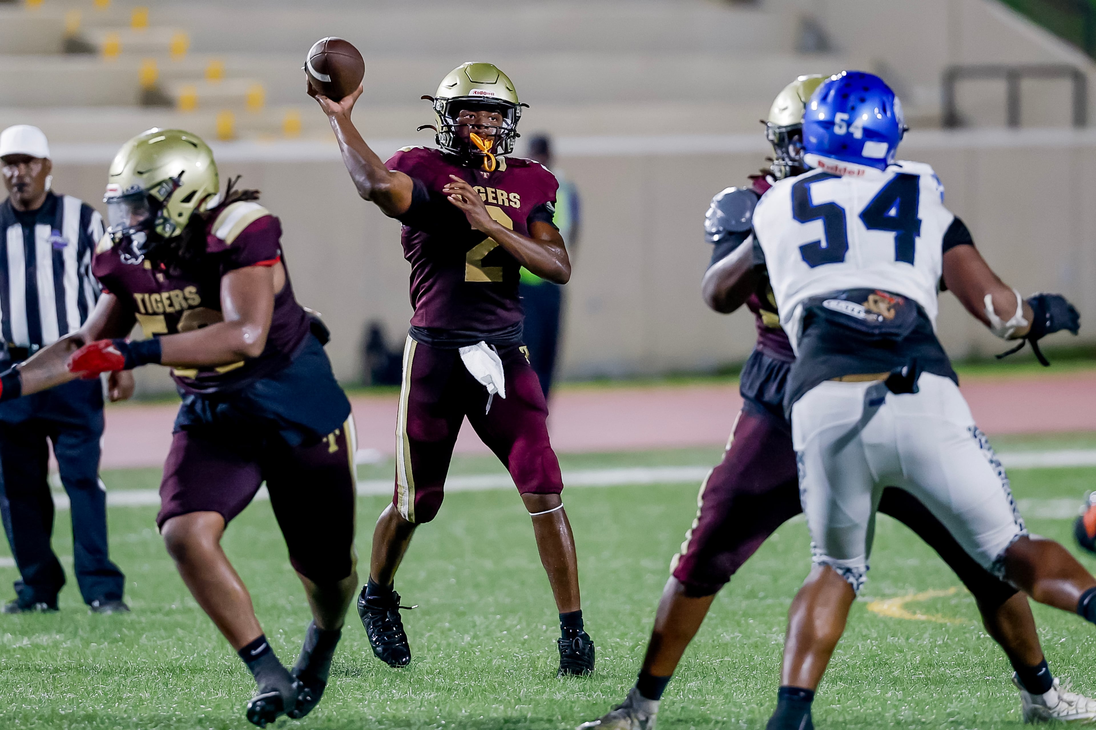 Tucker quarterback Jace German passes against Stephenson during the second half of their game at Hallford Stadium on Friday, Sept. 4, 2026, in Clarkston. Tucker won, 21-14. (Erik S. Lesser for the AJC)