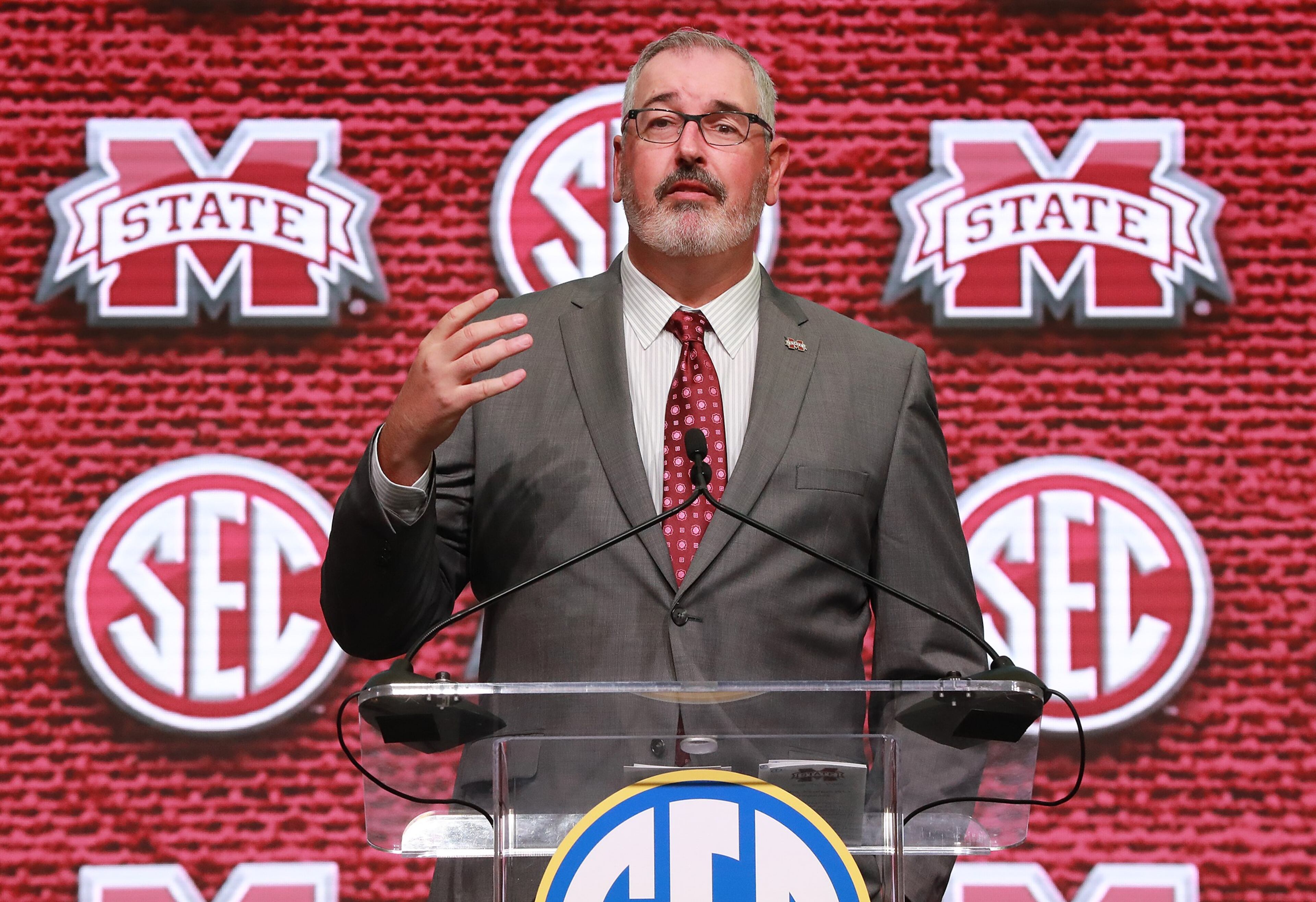 July 18, 2018 Atlanta: Mississippi State head coach Joe Moorhead holds his SEC Media Days press conference at the College Football Hall of Fame on Wednesday, July 18, 2018, in Atlanta. Curtis Compton/ccompton@ajc.com