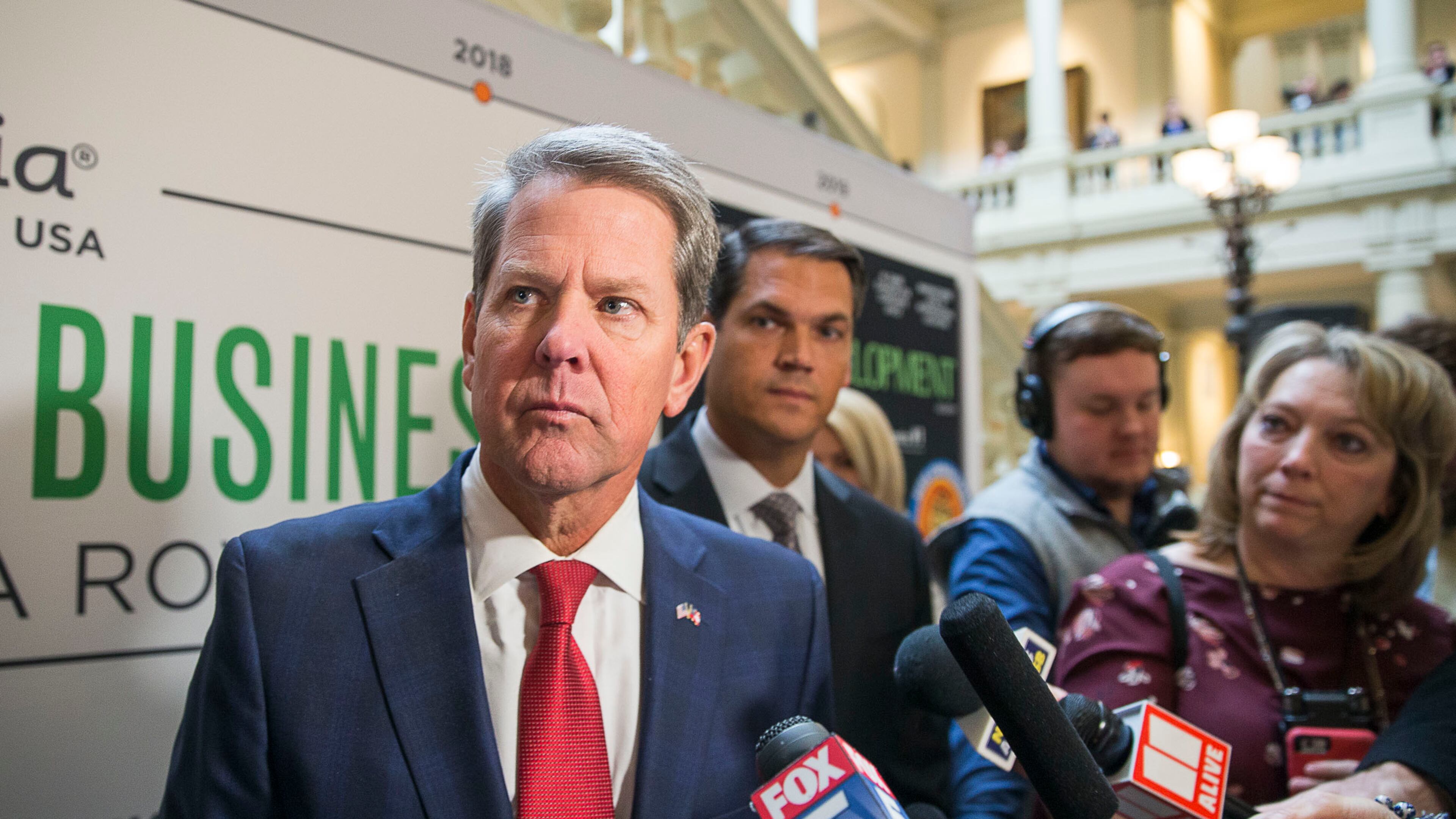 11/04/2019 -- Atlanta, Georgia -- Gov. Brian Kemp answers questions from the media following a press conference to announce a proposed limited expansion of Medicaid in Georgia while at the State Capitol building in Atlanta, Monday, November 4, 2019. (Alyssa Pointer/Atlanta Journal Constitution)