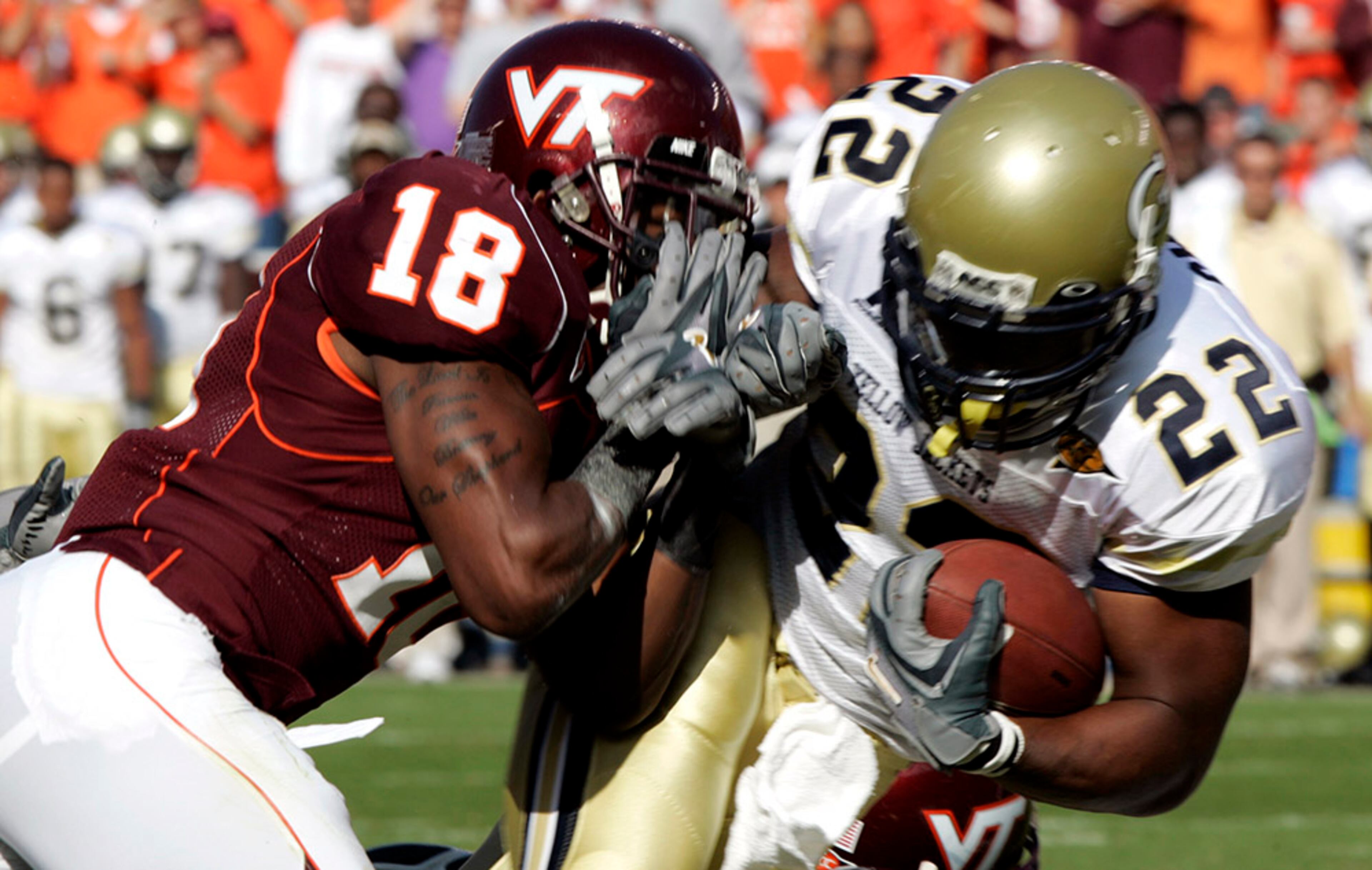 2006: Georgia Tech 38, Virginia Tech 27 -- Quarterback Reggie Ball and Tashard Choice (22) led the No. 24 Yellow Jackets on their second consecutive visit to Blacksburg's Lane Stadium, jumping out to a big lead and defeating the 11th-ranked Hokies, 38-27.