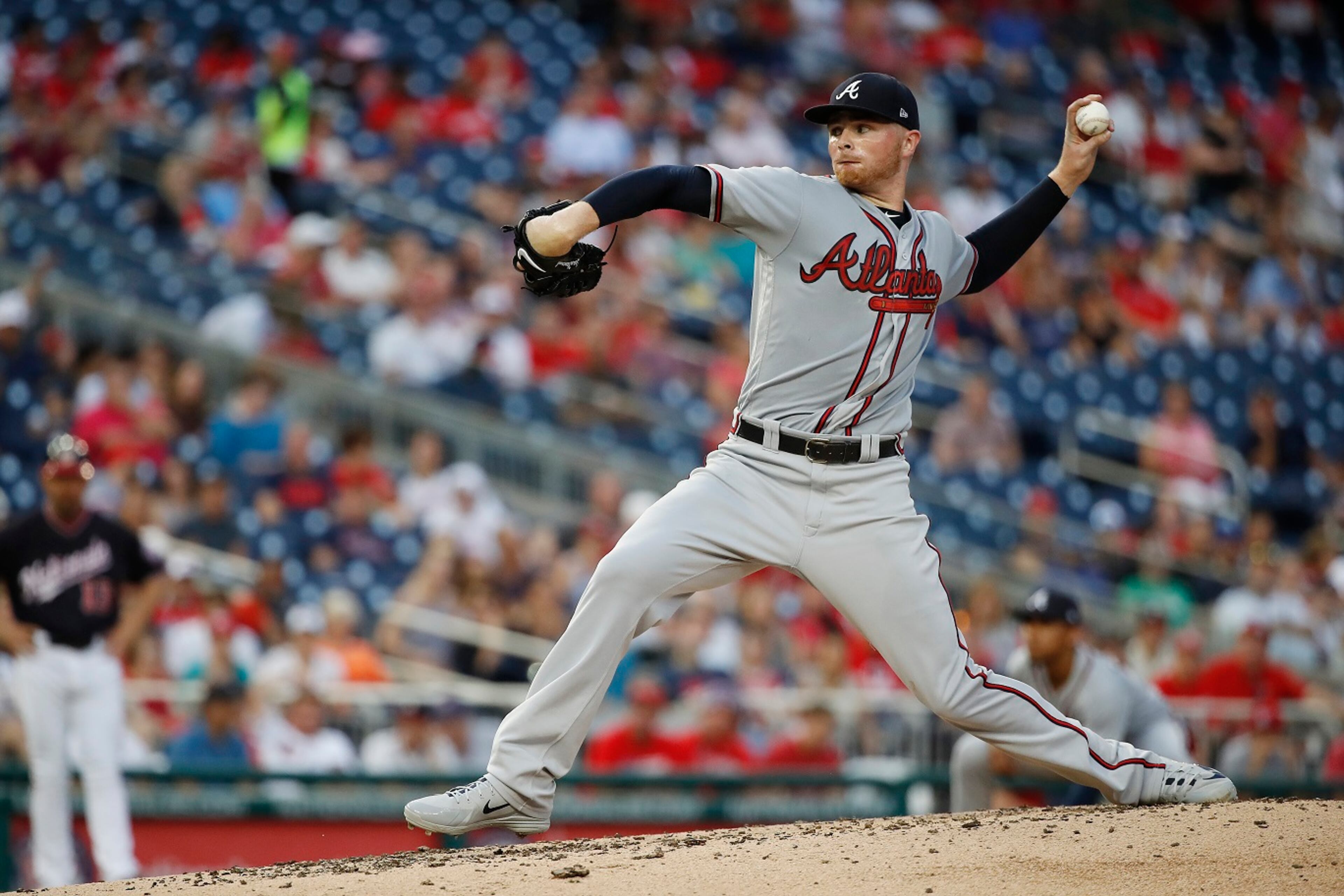 Starting pitcher Sean Newcomb of the Braves pitches against the Washington Nationals during game two of a doubleheader at Nationals Park on August 7, 2018 in Washington, DC. (Photo by Patrick McDermott/Getty Images)