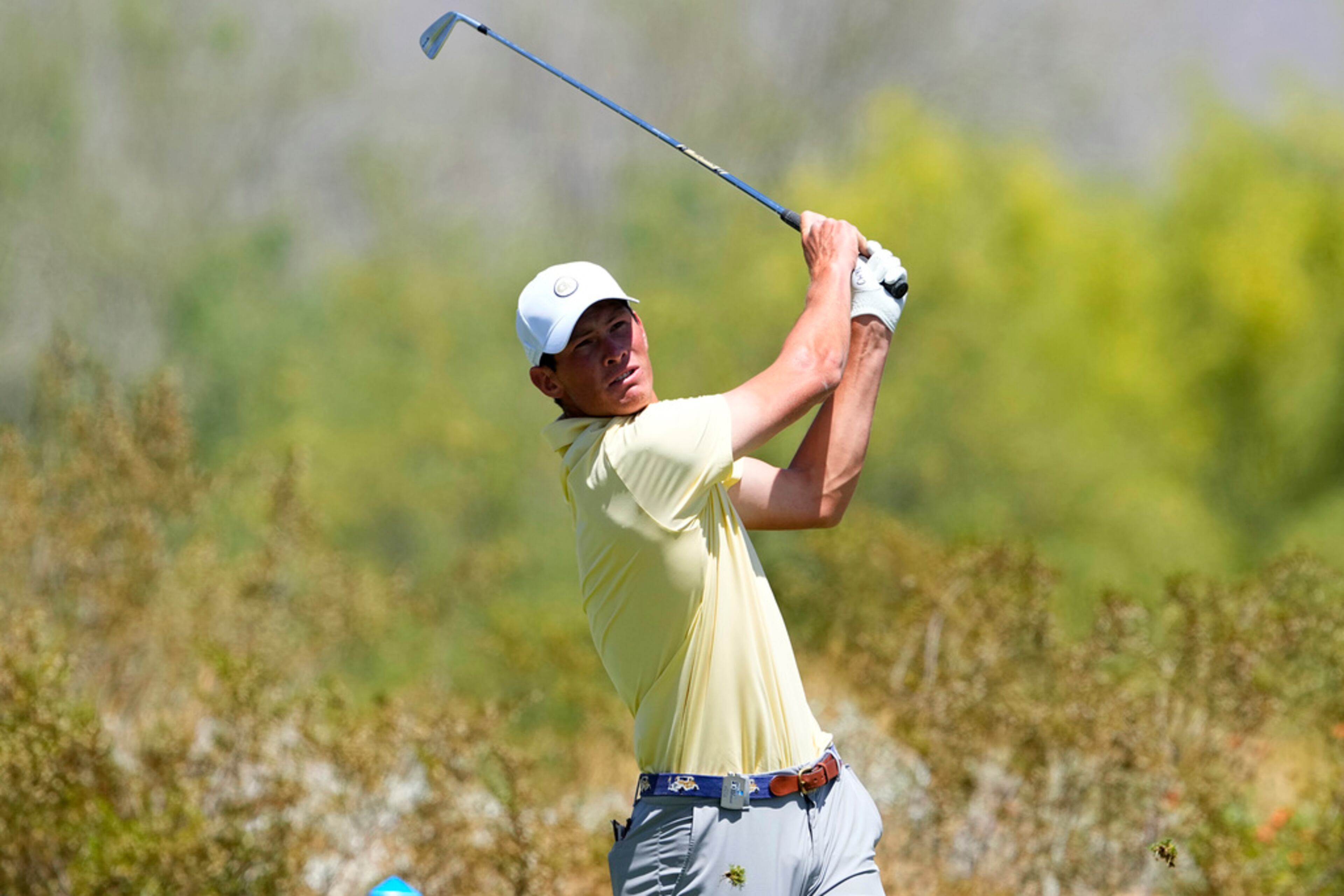 Georgia Tech golfer Christo Lamprecht hits from the first tee during the final round of the NCAA college men's match play golf championship, Wednesday, May 31, 2023, in Scottsdale, Ariz. (AP Photo/Matt York)