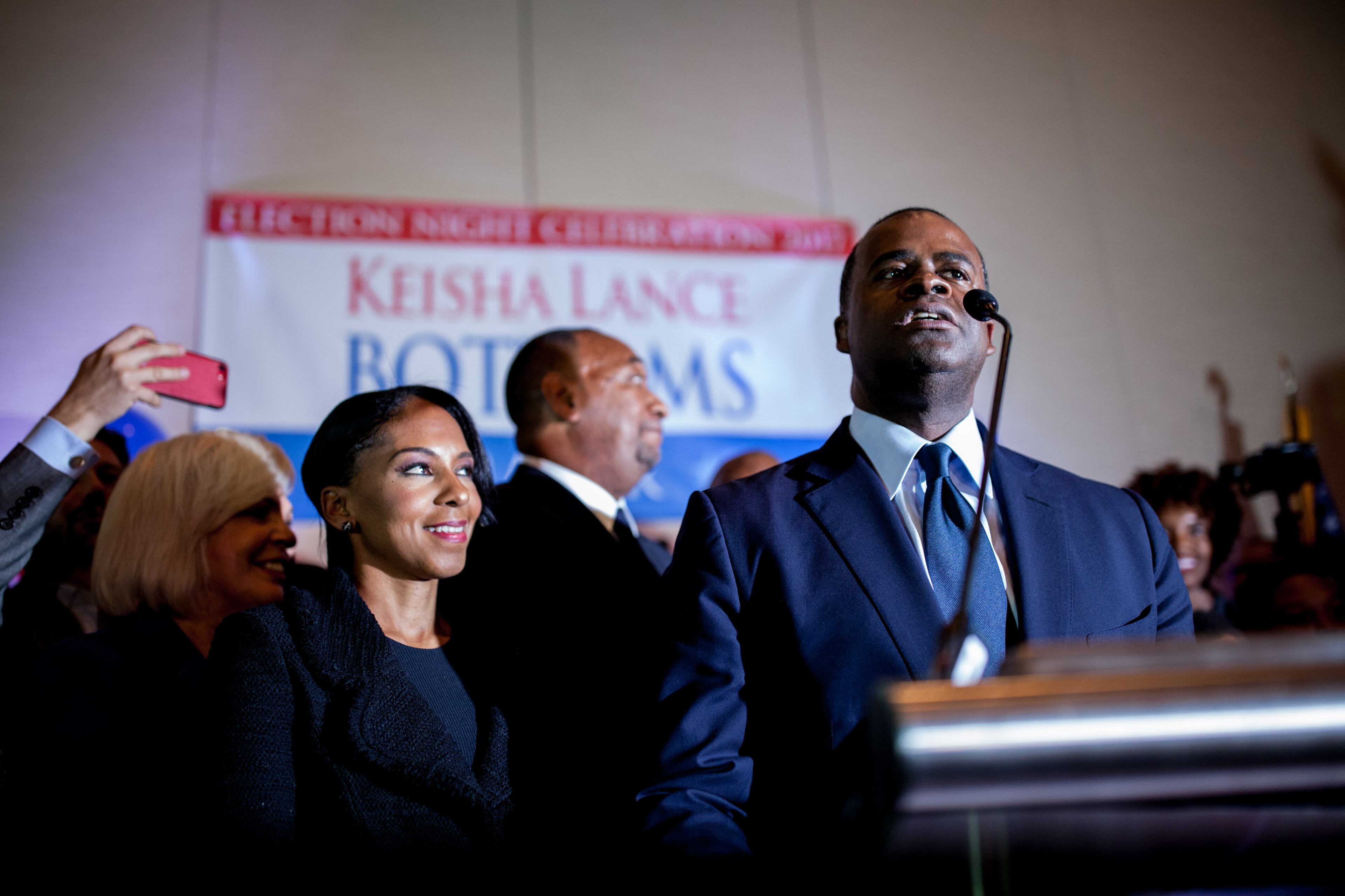 Kasim Reed introduces Atlanta mayoral candidate Keisha Lance Bottoms, who is claiming victory over Mary Norwood, during a runoff election night party at the Hyatt Regency Hotel, Tuesday, Dec. 5, 2017, in Atlanta. BRANDEN CAMP/SPECIAL