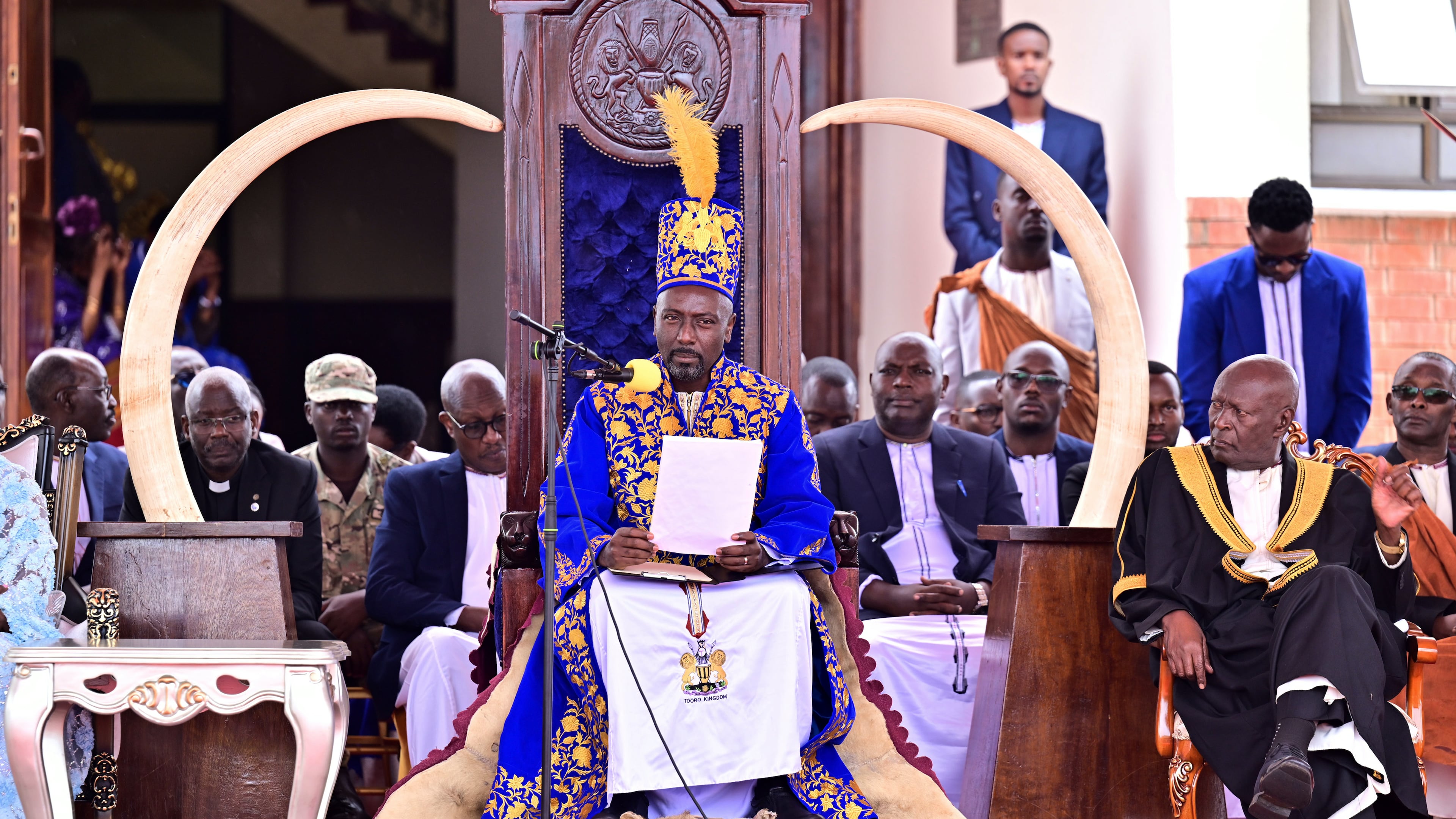 Journalist Edward Rukidi Kijanangoma delivers a speech during his coronation as king of Uganda's traditional Tooro Kingdom, in Fort Portal, Tuesday, Sept. 29, 2026. (AP Photo/Hajarah Nalwadda)