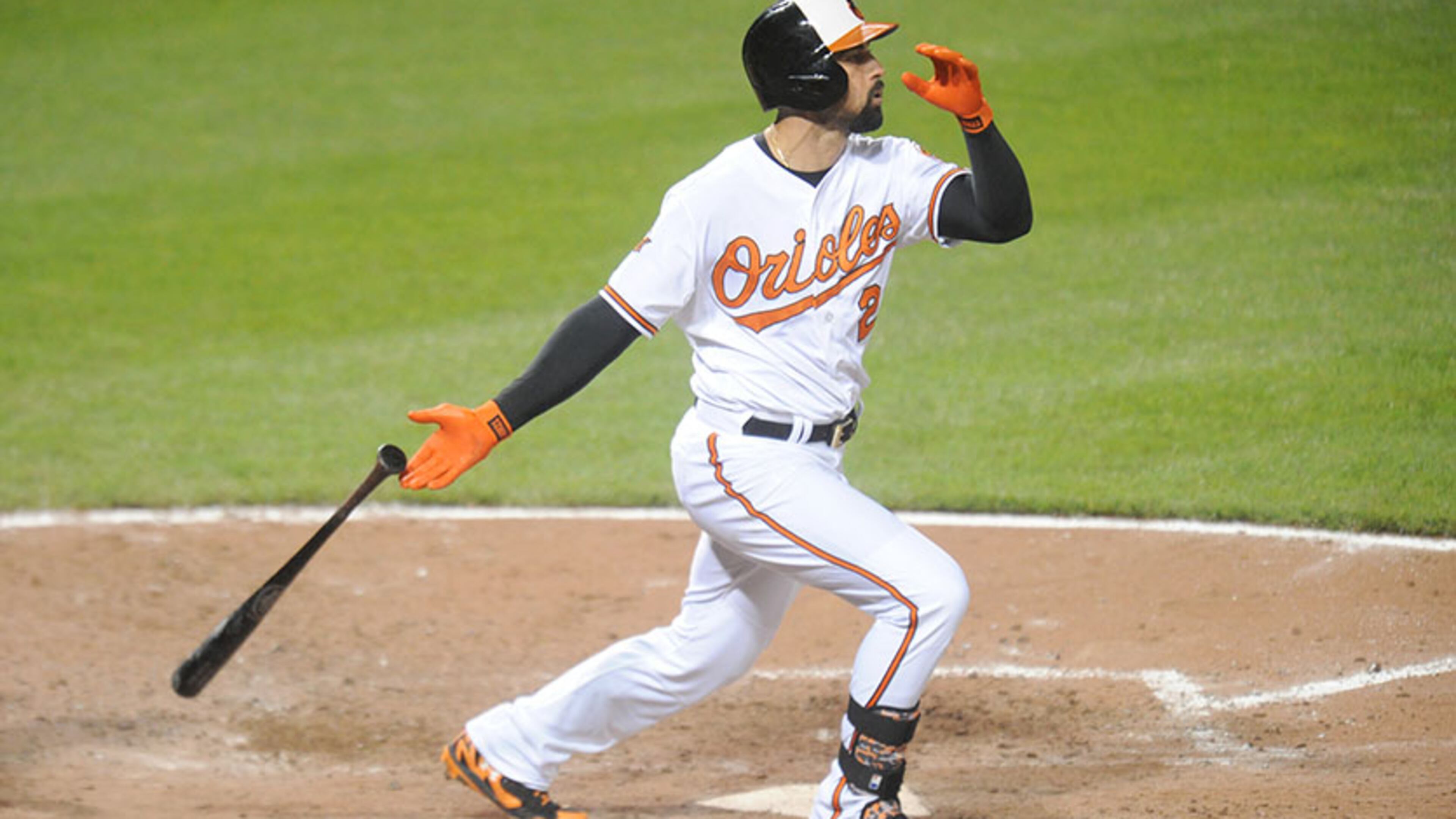 Nick Markakis of the Baltimore Orioles hits a solo home run in the seventh to tie the game against the Pittsburgh Pirates on May 1, 2014. (Photo by Mitchell Layton/Getty Images)