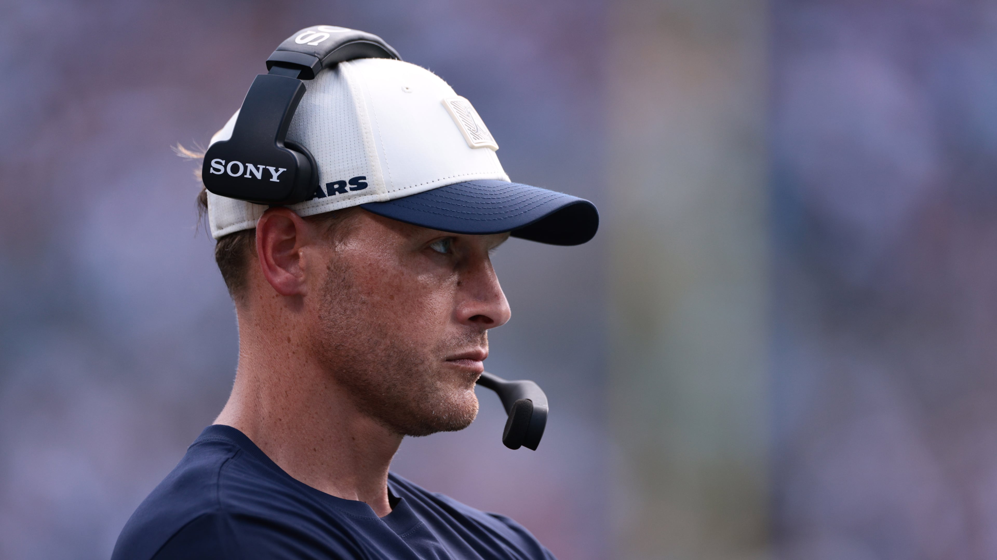 Chicago Bears head coach Ben Johnson looks on during the first half of an NFL football game, Sunday, Sept. 13, 2026, in Charlotte, N.C. (AP Photo/Scott Kinser)