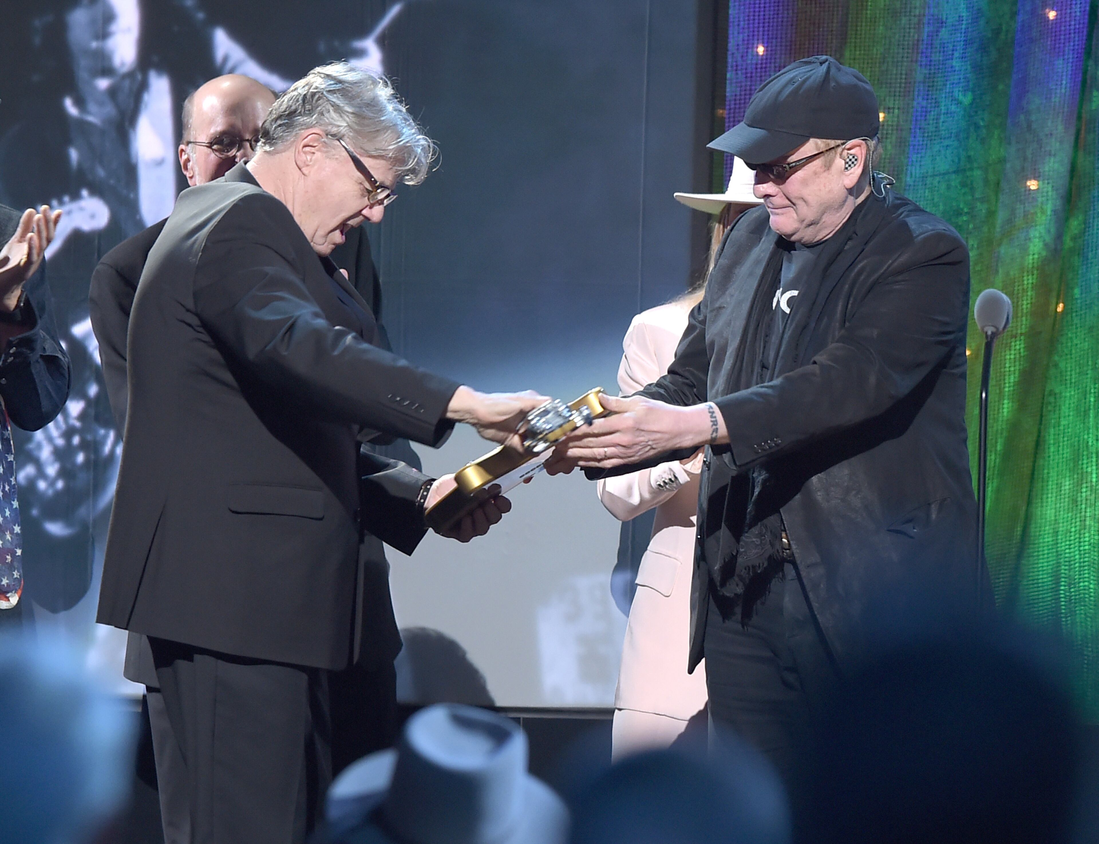 NEW YORK, NEW YORK - APRIL 08: Steve Miller and Rick Nielsen of Cheap Trick onstage at the 31st Annual Rock And Roll Hall Of Fame Induction Ceremony at Barclays Center of Brooklyn on April 8, 2016 in New York City. (Photo by Theo Wargo/Getty Images)