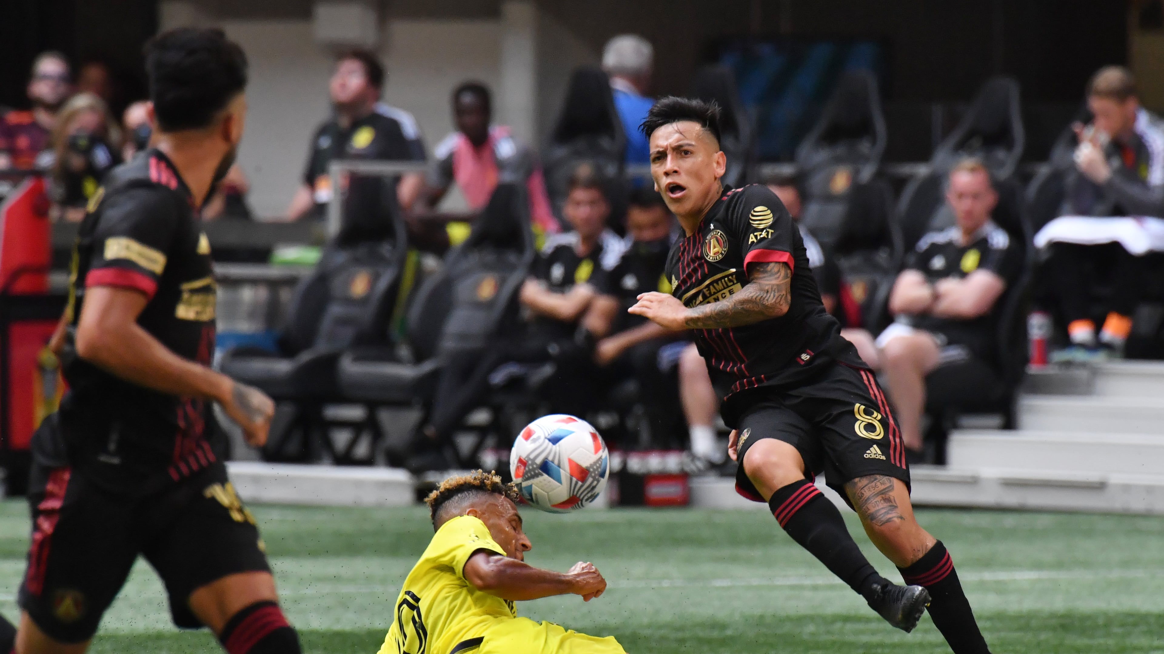August 28, 2021 Atlanta - Atlanta United's midfielder Ezequiel Barco (8) takes a shot as Nashville SC's midfielder Hany Mukhtar (10) defends during the first half in a MLS soccer match at at Mercedes-Benz Stadium in Atlanta on Saturday, August 28, 2021. (Hyosub Shin / Hyosub.Shin@ajc.com)