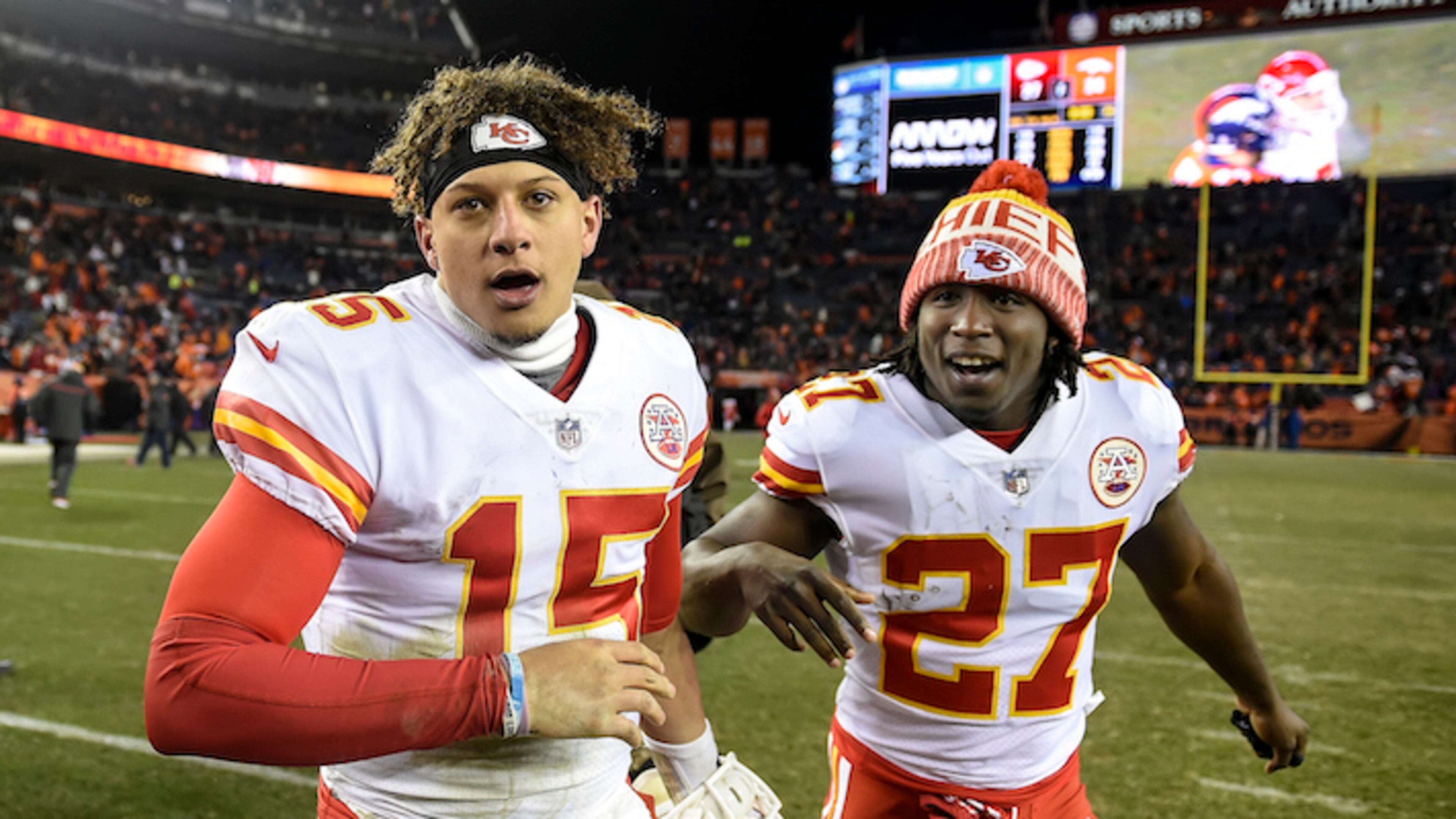 Kansas City Chiefs quarterback Patrick Mahomes (15) is congratulated by running back Kareem Hunt (27) after the Chiefs’ 27-24 win against the Denver Broncos on December 31, 2017, at Sports Authority Field in Denver. (David Eulitt/Kansas City Star/TNS)