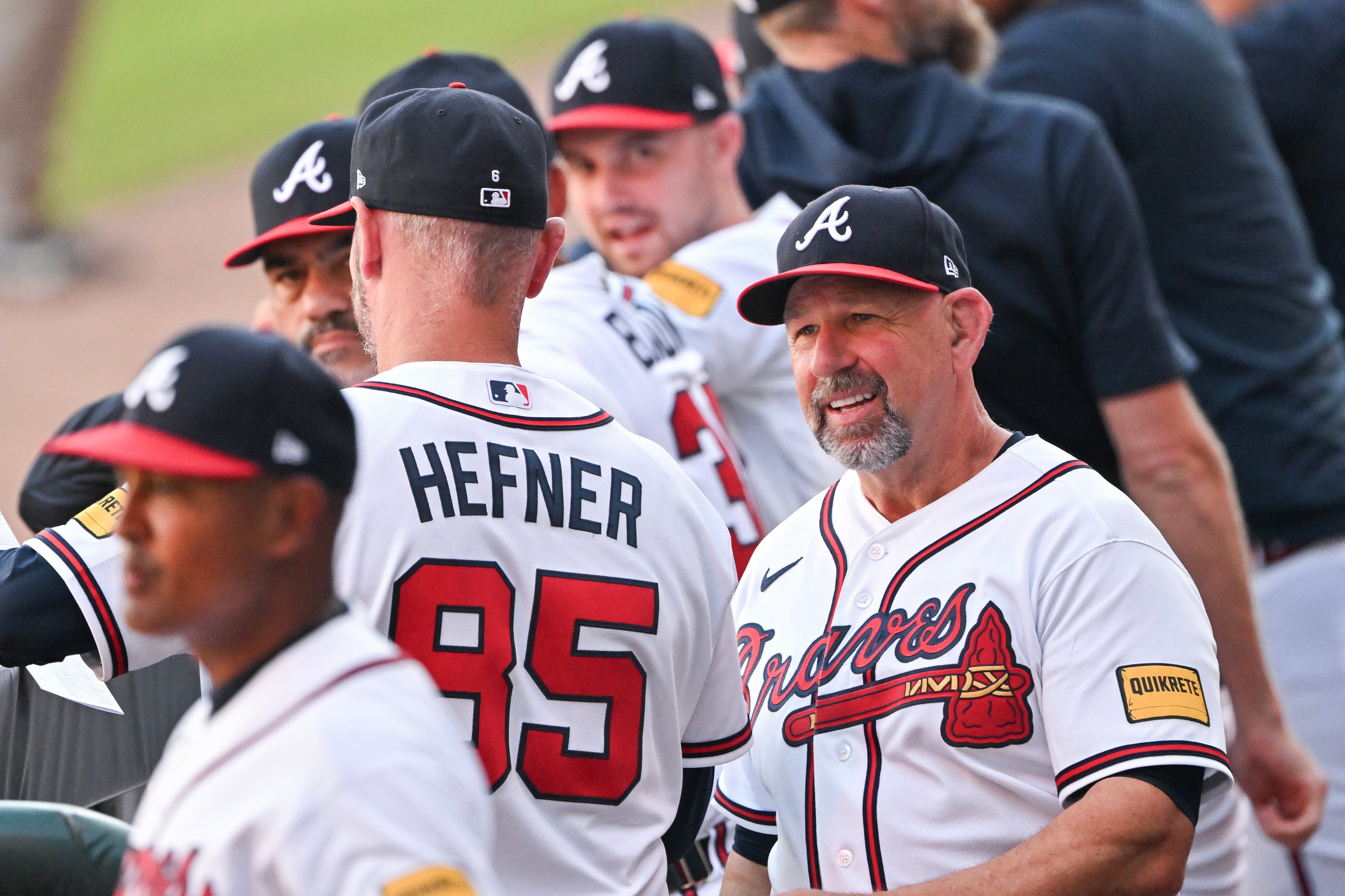 Atlanta Braves manager Walt Weiss, right, speaks with pitching coach Jeremy Hefner (85) during the first inning of Game 4 of the MLB National League Division Series between the Atlanta Braves and the Los Angeles Dodgers, Wednesday, Oct. 7, 2026, in Atlanta. (Hyosub Shin/AJC)