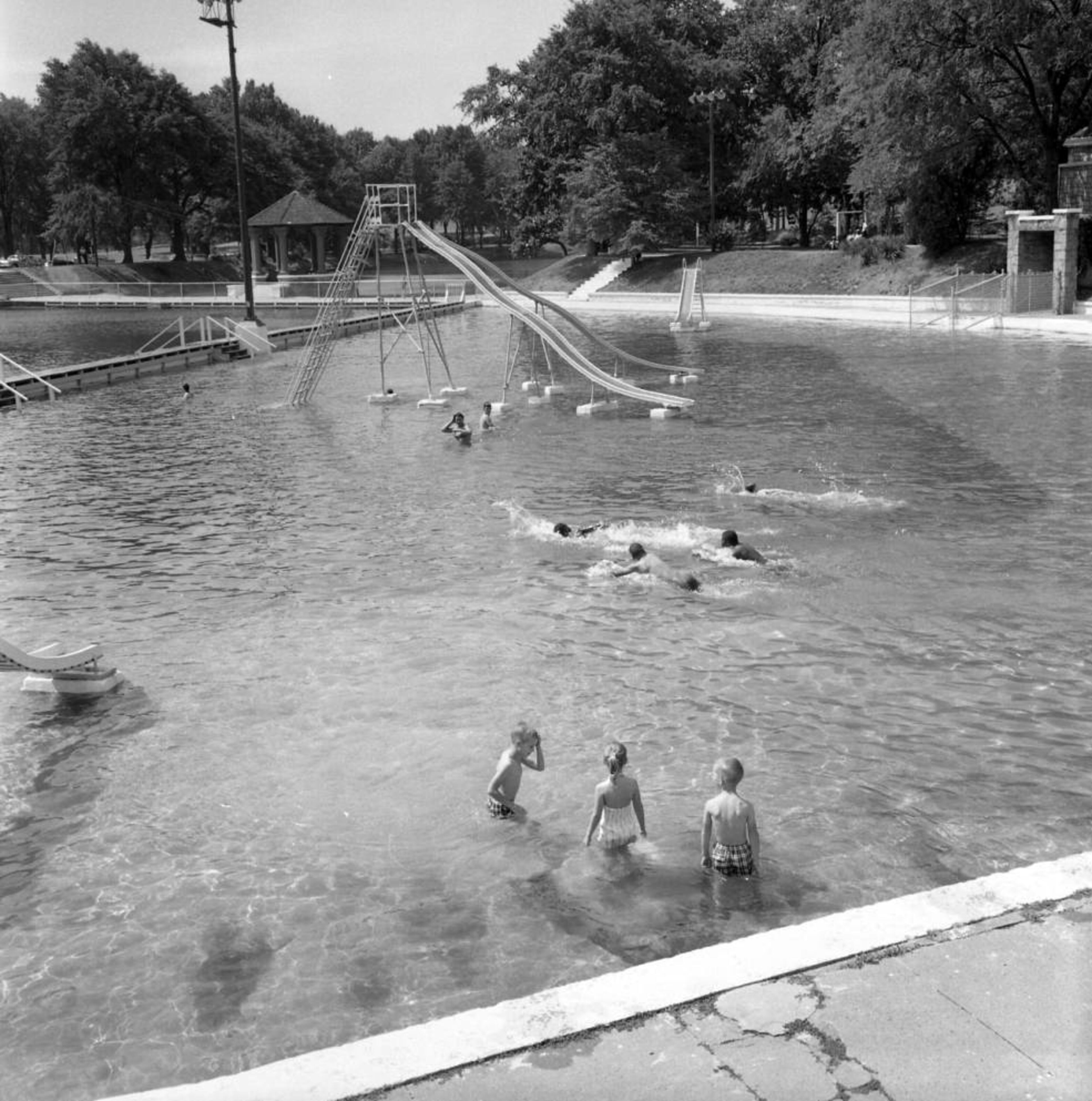 Swimmers enjoying the newly integrated Lake Clara. Meer at Piedmont Park on June 12, 1963.
