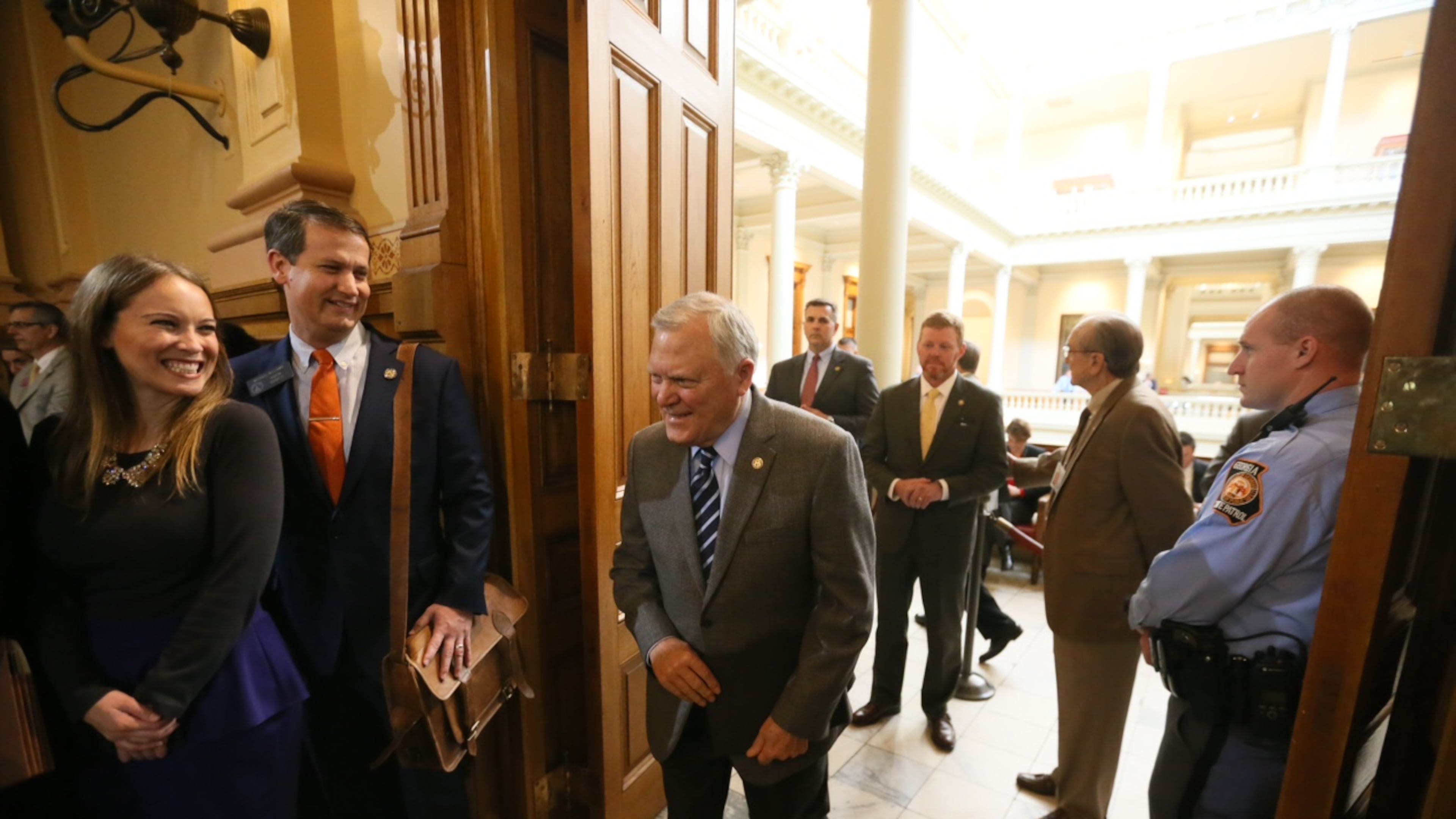 Gov. Nathan Deal enters the appropriations room at the Capitol to talk about his budget plans in January 2017