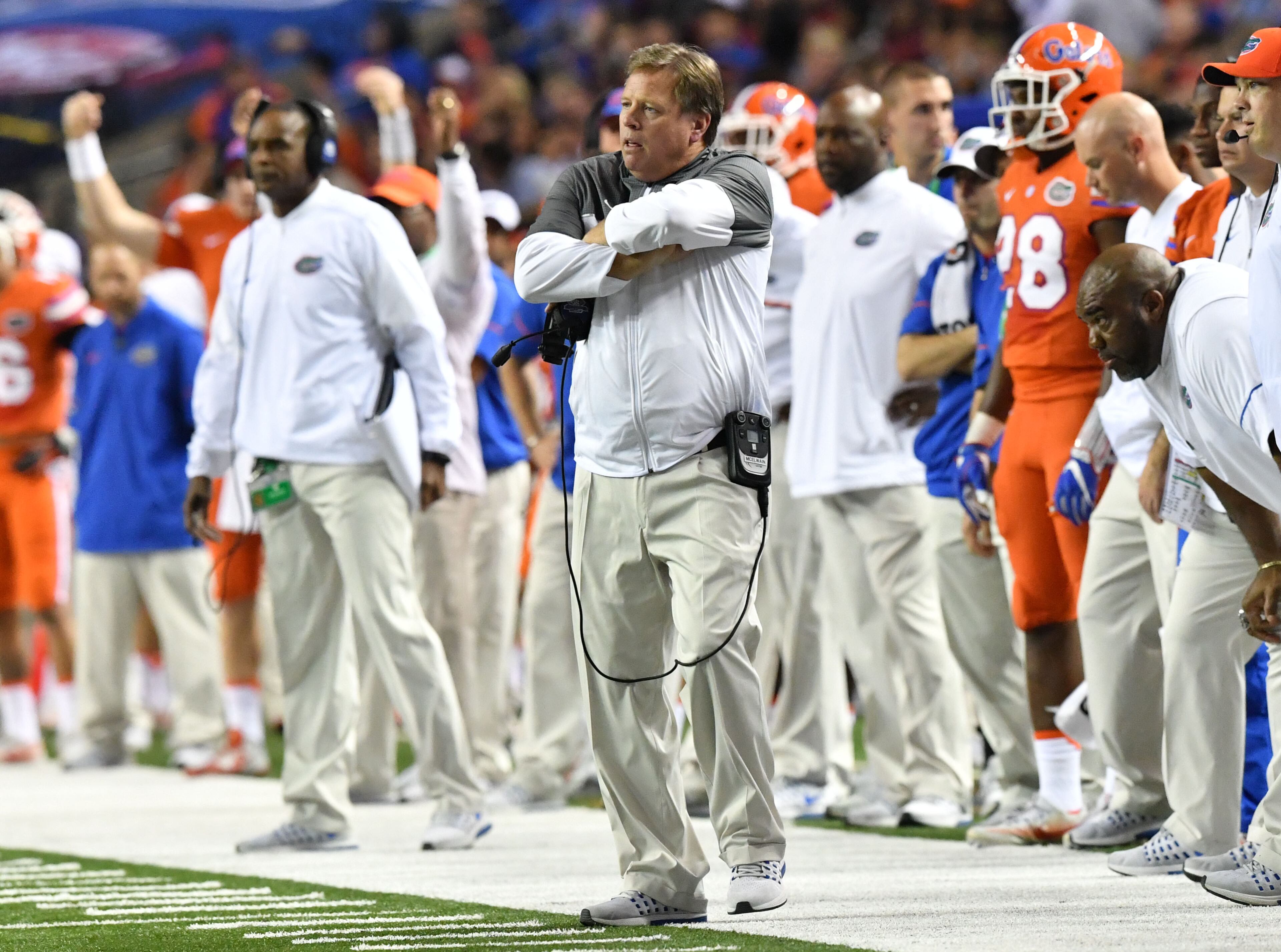 December 3, 2016 Atlanta - Florida head coach Jim McElwain reacts in the first half of the 2016 SEC Championship at the Georgia Dome on Saturday, December 3, 2016. HYOSUB SHIN / HSHIN@AJC.COM