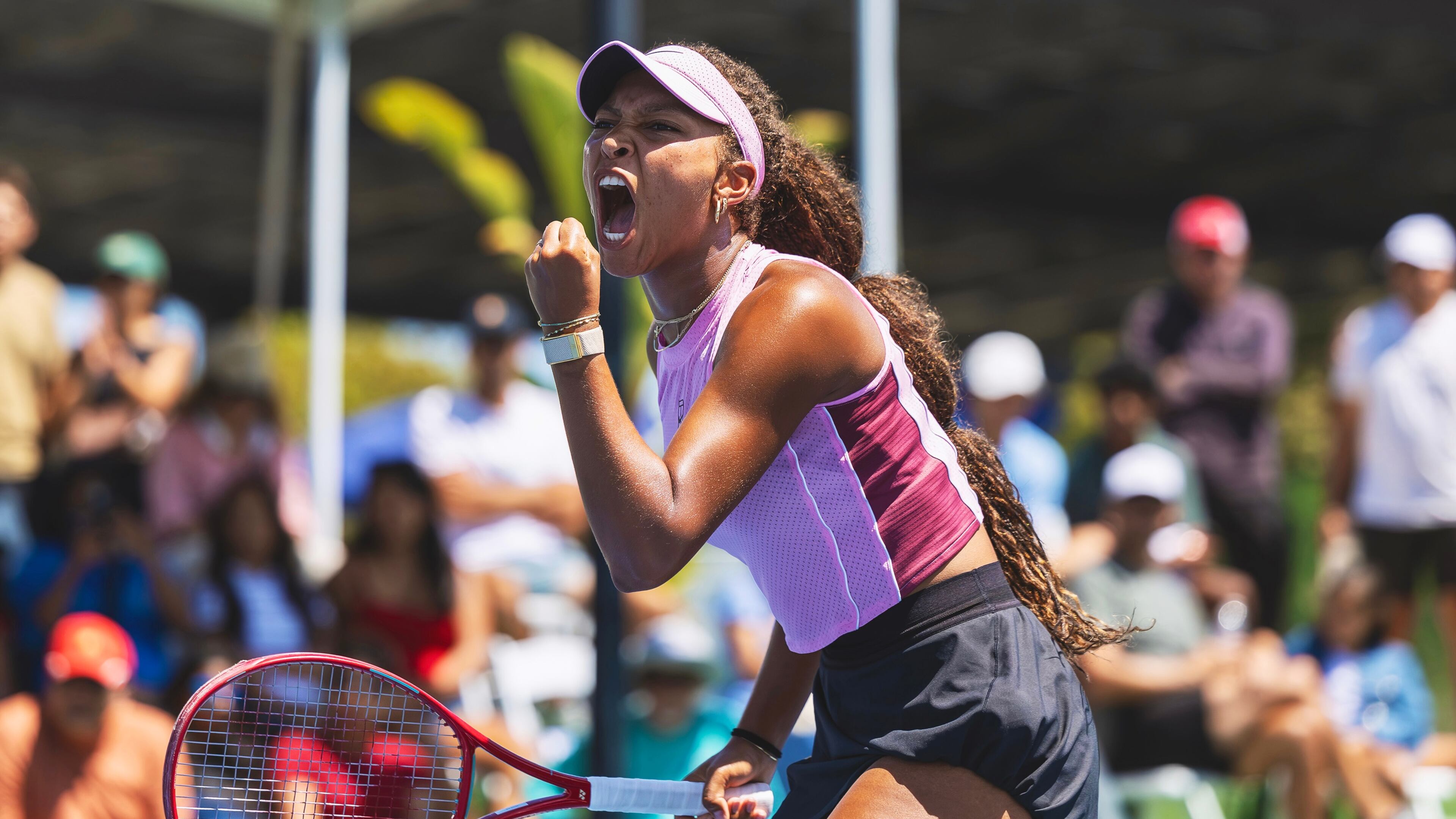 In this photo provided by USTA, Thea Frodin, 17, pumps her fist during a match at the USTA Billie Jean King Girls' 18s National Championships to earn a wild card into the U.S. Open on Aug. 16, 2026, in San Diego. (Jon Mulvey/USTA SoCal. via AP)