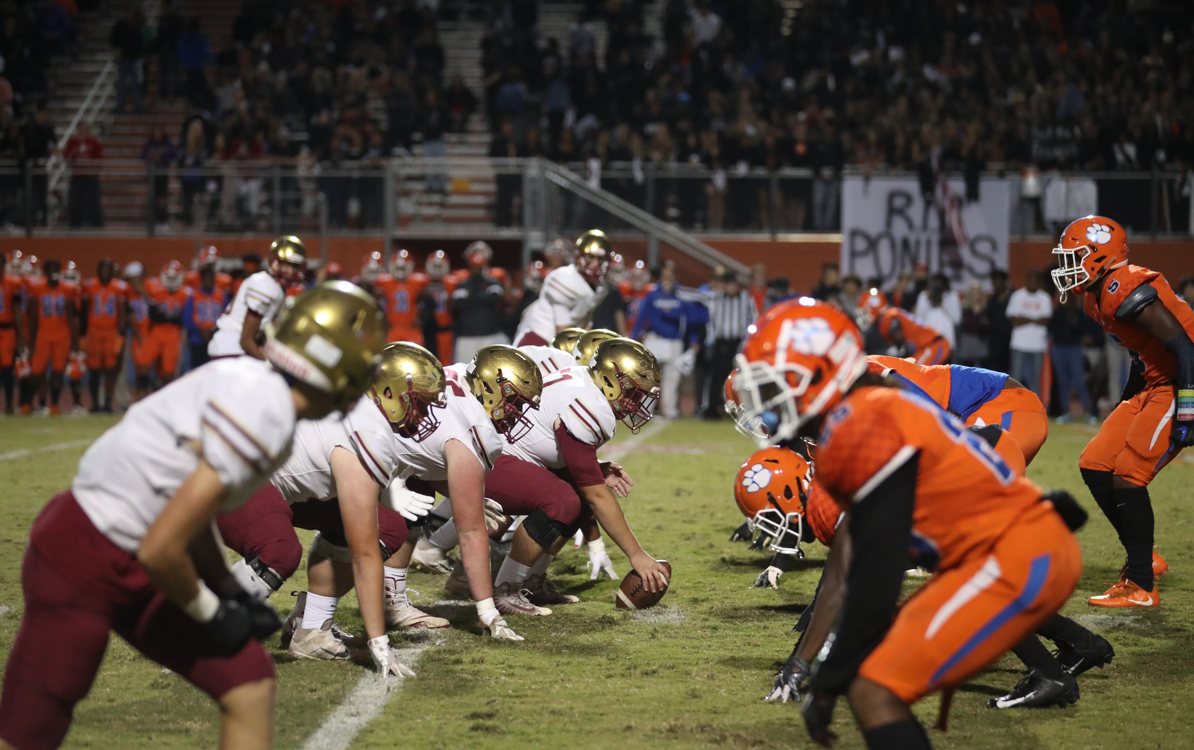 The Brookwood offense lines up for a play against the Parkview defense in the first half at Parkview High School Friday, October 25, 2019 in Lilburn, Ga. (JASON GETZ/SPECIAL TO THE AJC)
