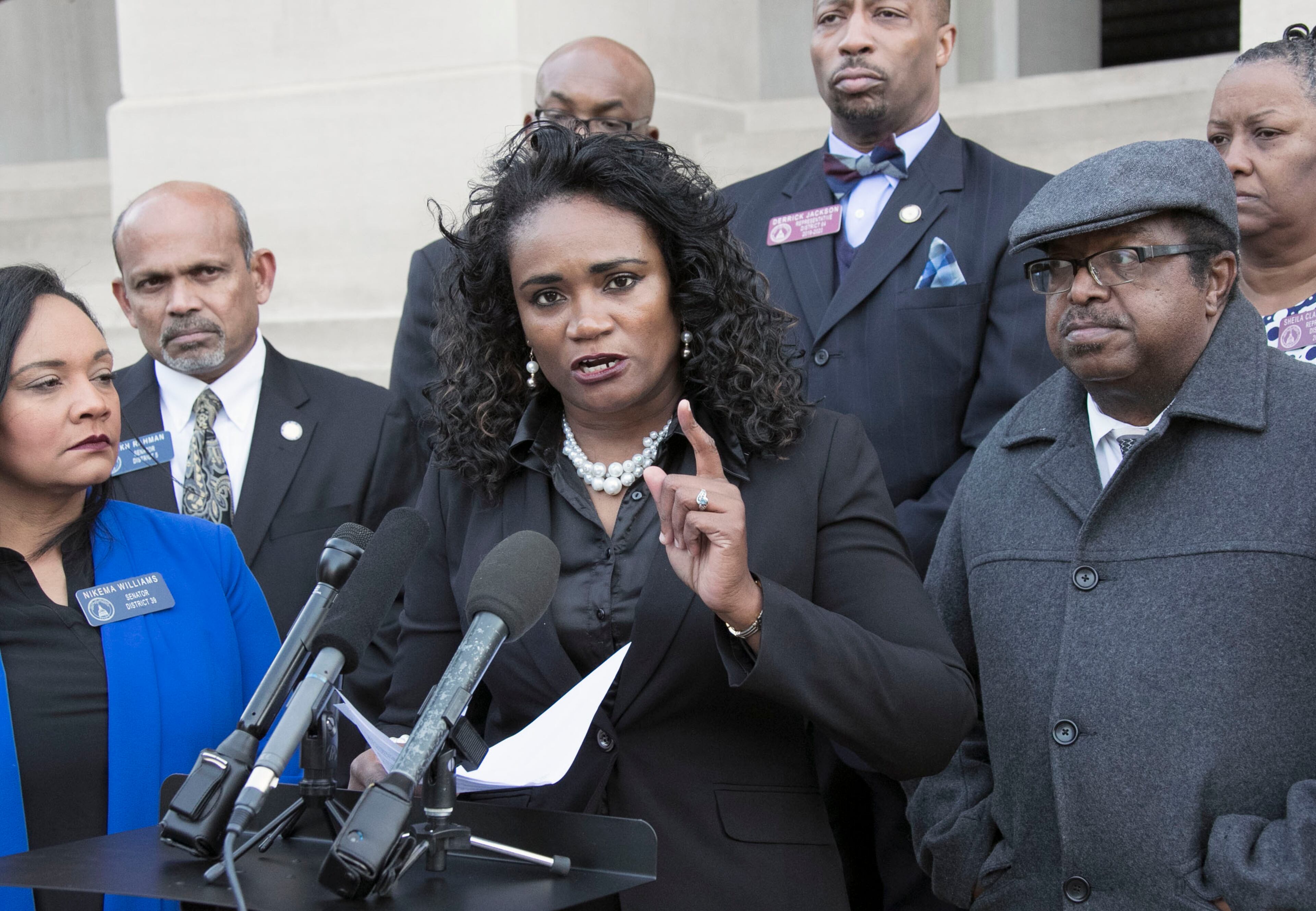 November 8, 2019 - Atlanta - State Rep. Donna McLeod speaks in opposition to Trump ahead of his visit to Atlanta. Other speakers included Reverend Timothy McDonald, State Rep. Derrick Jackson, Democratic Party of Georgia chair Nikema Williams, State Rep. Harold Jones, and State Rep. Shelly Hutchinson. Bob Andres / robert.andres@ajc.com