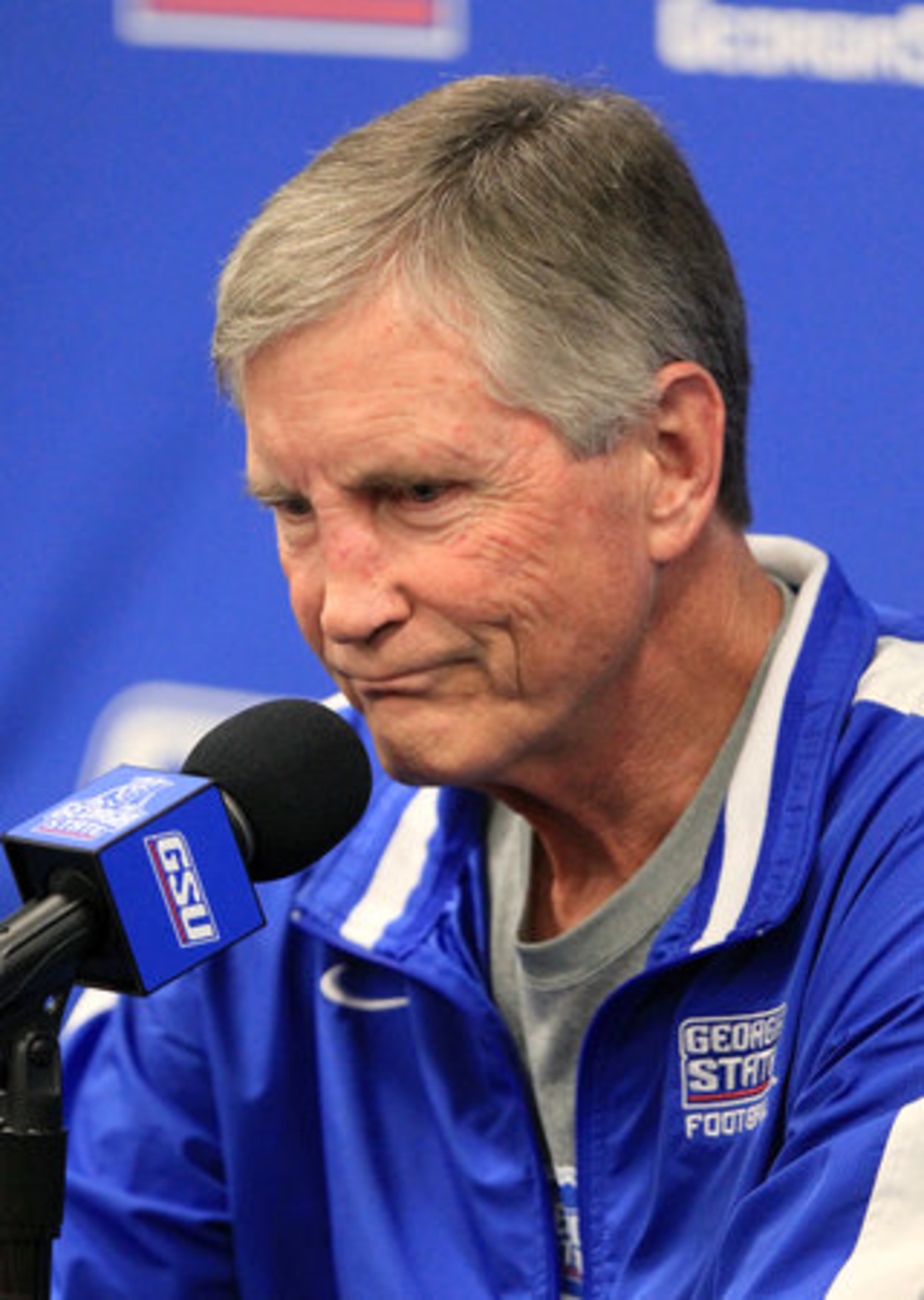 Georgia State University coach Bill Curry pauses for a moment as he answers questions following his official announcement that he will retire as coach following the 2012 GSU football season at the GSU football complex Wednesday afternoon in Atlanta, Ga., August 15, 2012. Coach Curry, a coaching legend who came back into the game to get the program started, will retire from coaching. After he retires he will remain with the university.