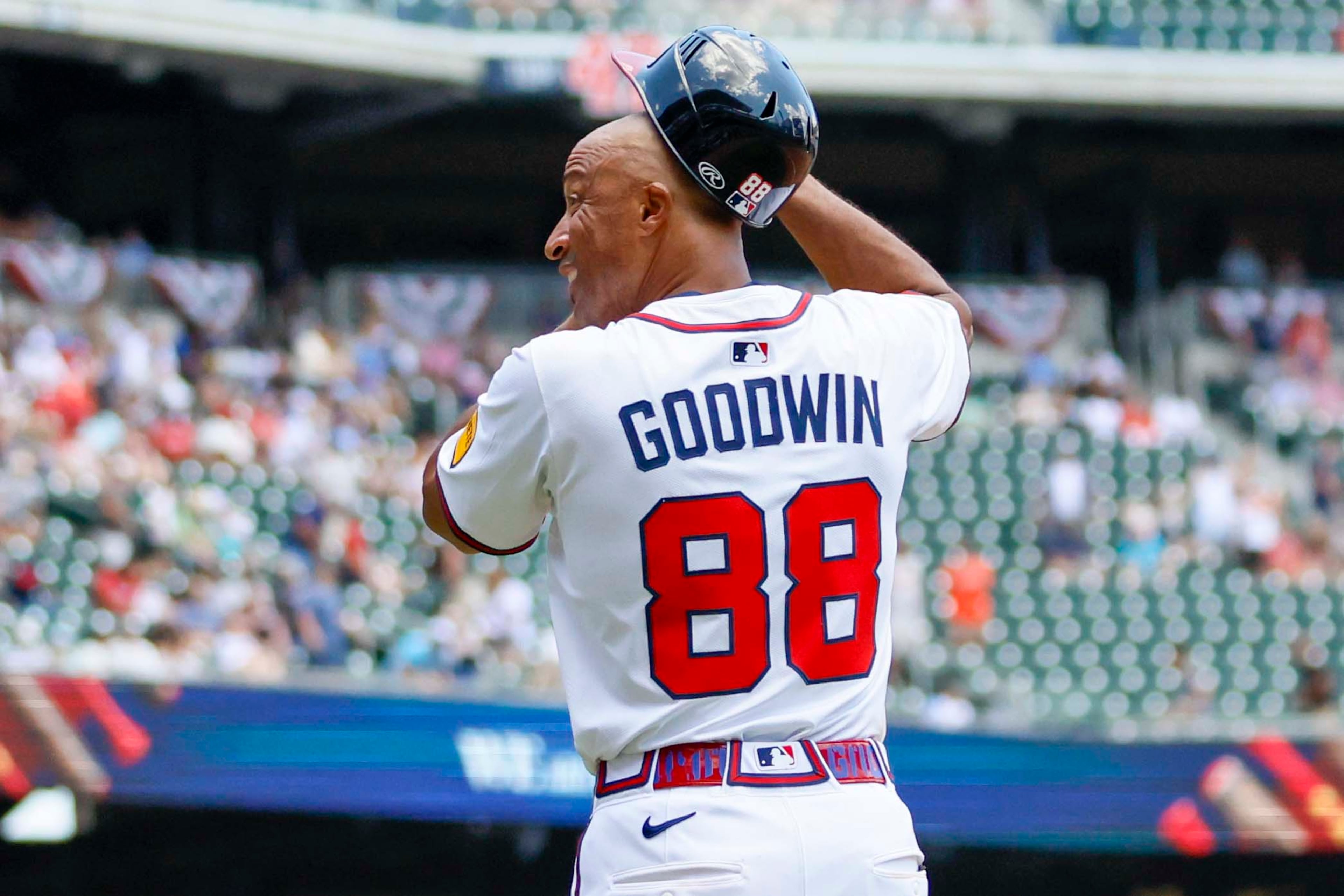 Atlanta Braves first base coach Tom Goodwin (88) racts after the Atlanta Braves lost against the Baltimore Orlioles at Truist Park on Sunday, July 6, 2025, in Atlanta.
(Miguel Martinez/ AJC)