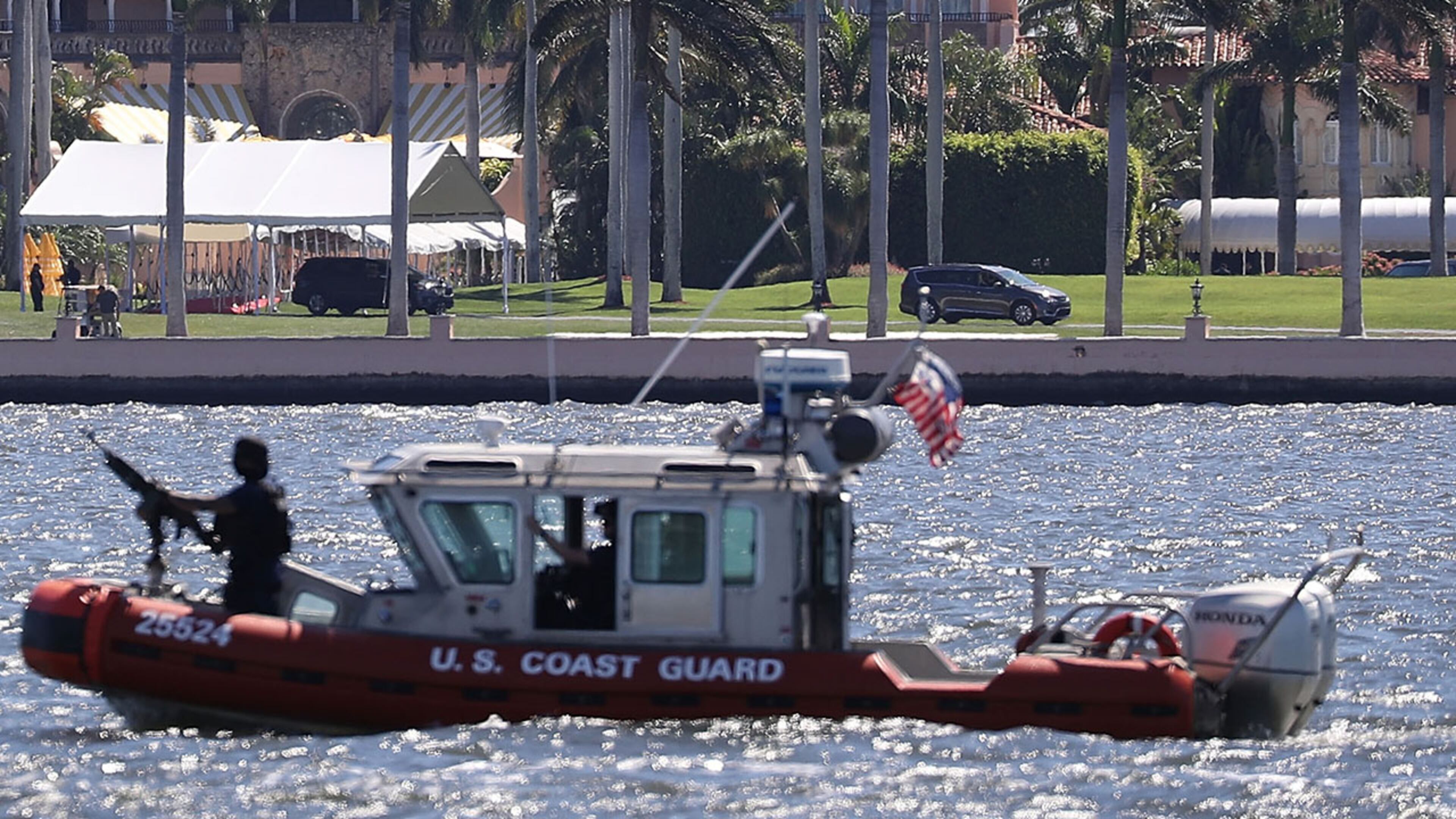 PALM BEACH, FL - APRIL 07: A Coast Guard boat is seen patrolling in front of the Mar-a-Lago Resort where President Donald Trump held meetings with Chinese President Xi Jinping on April 7, 2017 in Palm Beach, Florida. The two presidents spoke about China/US relations as well as the U.S. bombing of Syria last night. (Photo by Joe Raedle/Getty Images)