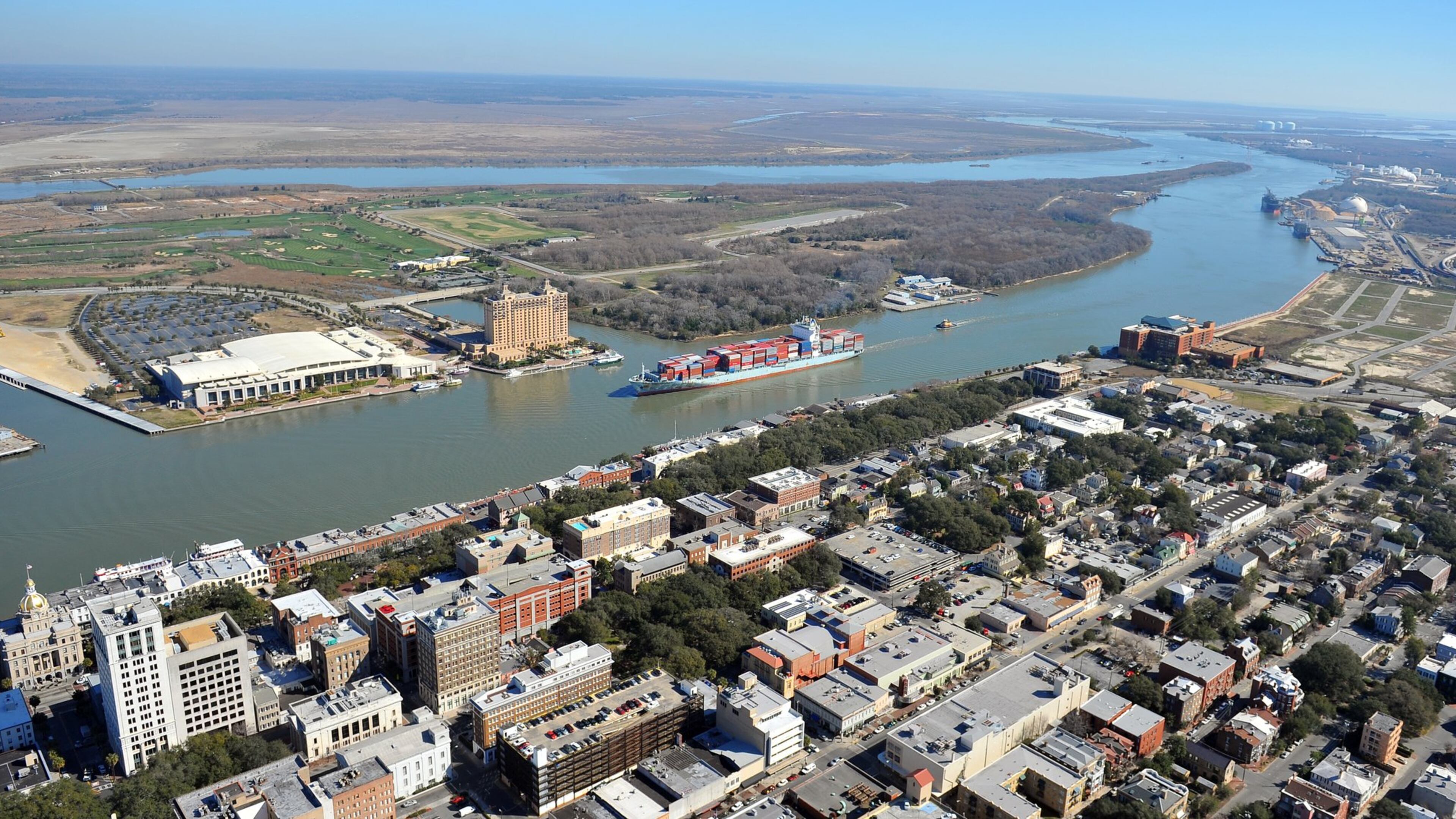 Savannah Port and surrounding area Monday February 13, 2012. Gov. Nathan Deal said the state is exploring options to float the full cost of the $685 million port expansion project, with the federal government later reimbursing about $400 million, and ports officials said they expect the deepening to begin this year. Brant Sanderlin bsanderlin@ajc.com