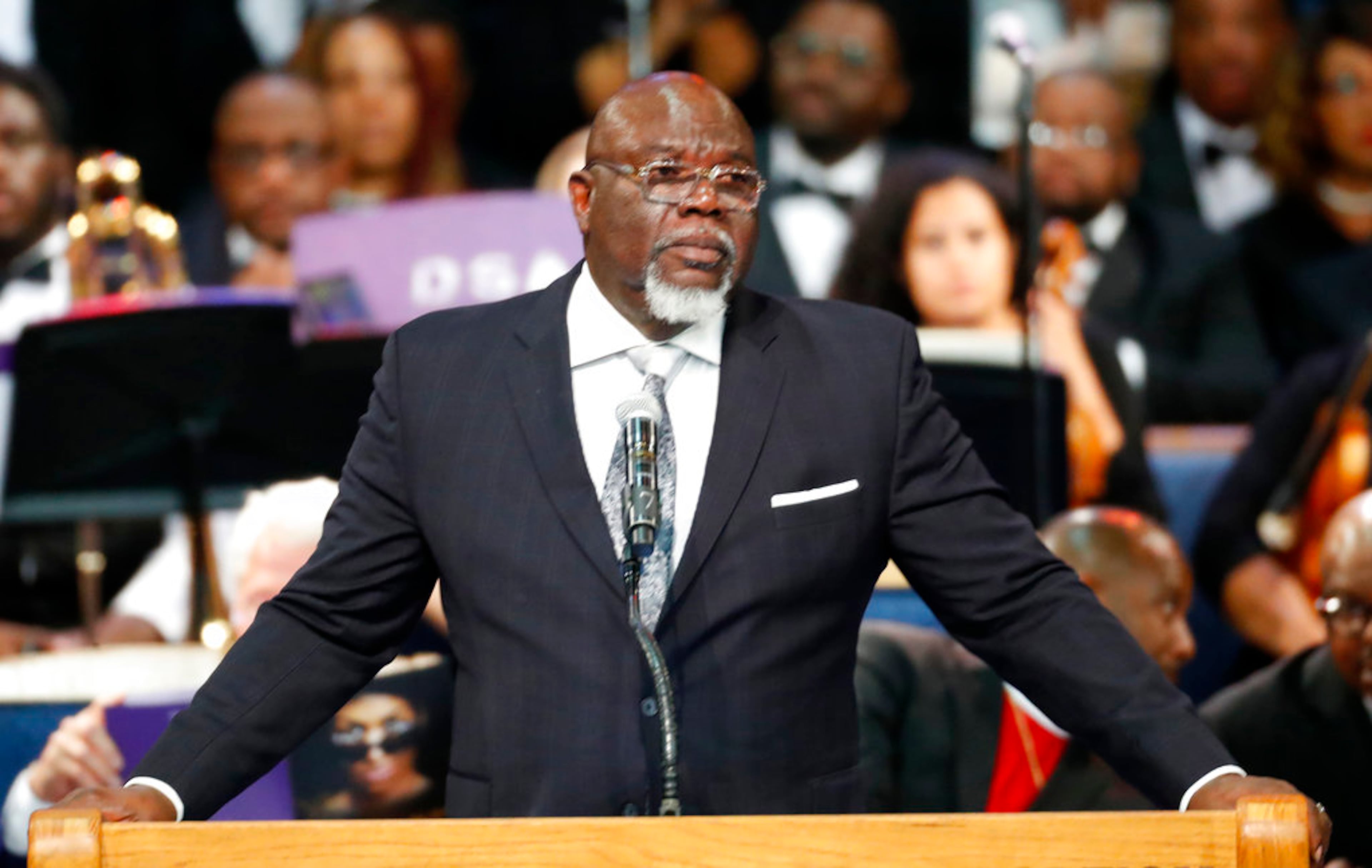 Bishop T.D. Jakes speaks during the funeral service for Aretha Franklin at Greater Grace Temple, Friday, Aug. 31, 2018, in Detroit. Franklin died Aug. 16, 2018 of pancreatic cancer at the age of 76. (AP Photo/Paul Sancya)