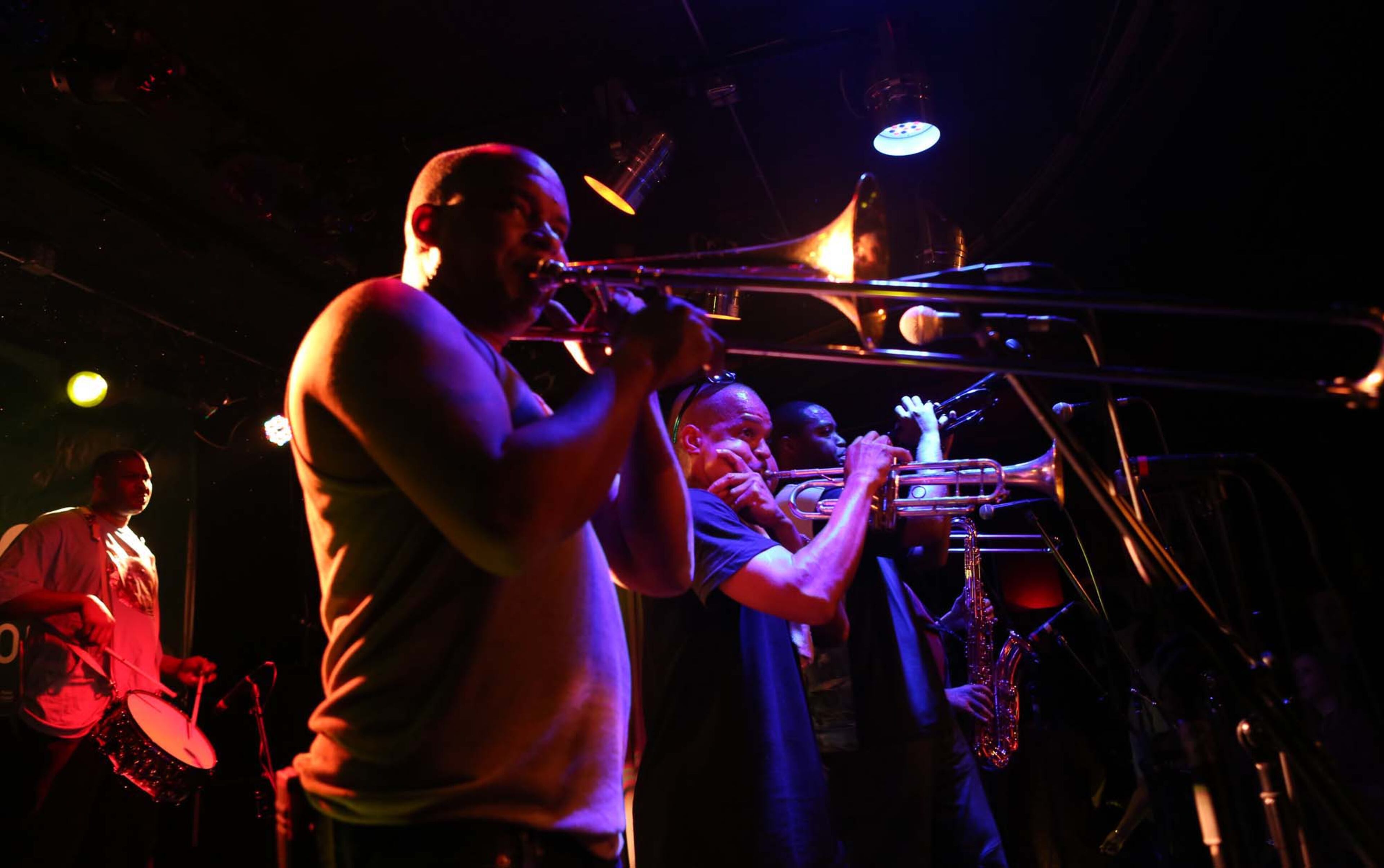 The Rebirth Brass Band trombonist Stafford Agee is the muse for the HBO series "Treme," trombone playing character Antoine Batiste, played by Wendell Pierce, performing at Smith's Olde Bar Saturday. (Akili-Casundria Ramsess/Special to the AJC)