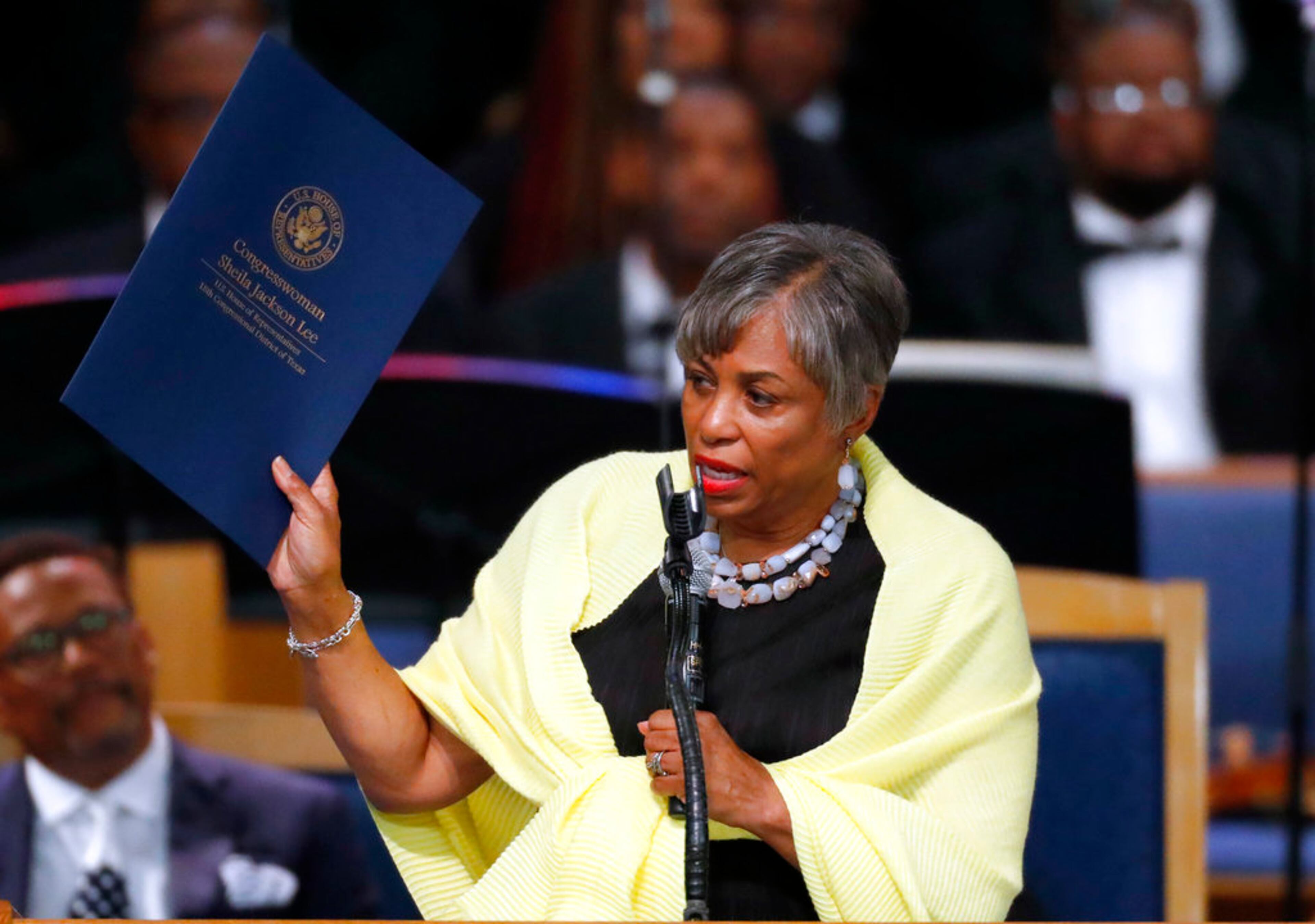 U.S. Rep. Brenda Lawrence speaks during the funeral service for Aretha Franklin at Greater Grace Temple, Friday, Aug. 31, 2018, in Detroit. Franklin died Aug. 16, 2018 of pancreatic cancer at the age of 76. (AP Photo/Paul Sancya)