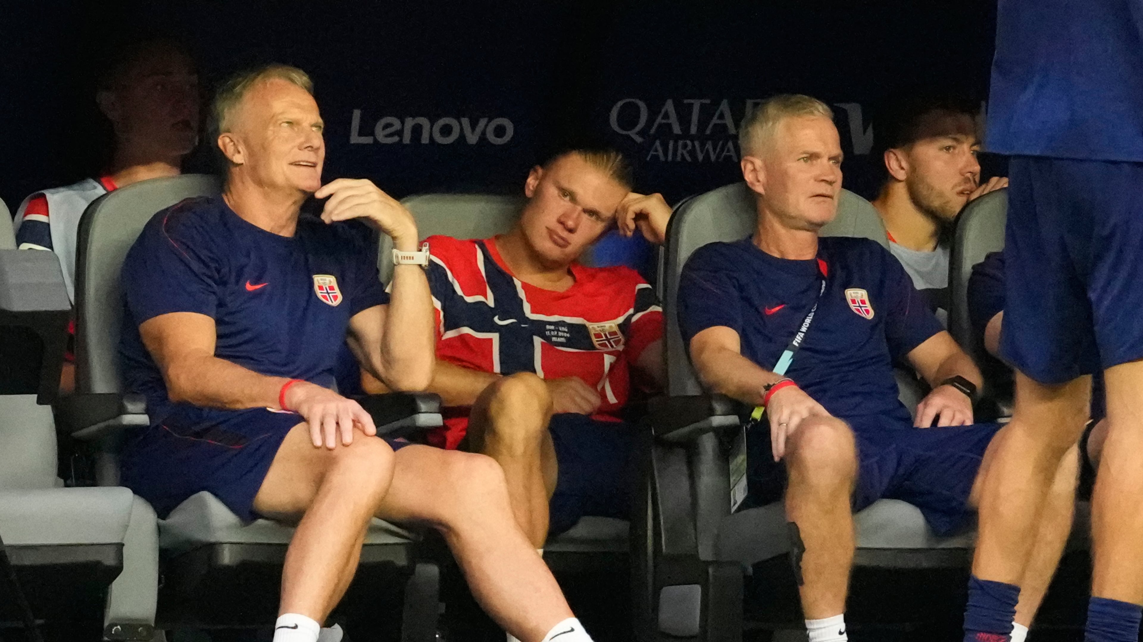 Norway's Erling Haaland (9) sits on the bench during the World Cup quarterfinal soccer match between Norway and England in Miami Gardens, Fla., Saturday, July 11, 2026. (AP Photo/Chris Carlson)
