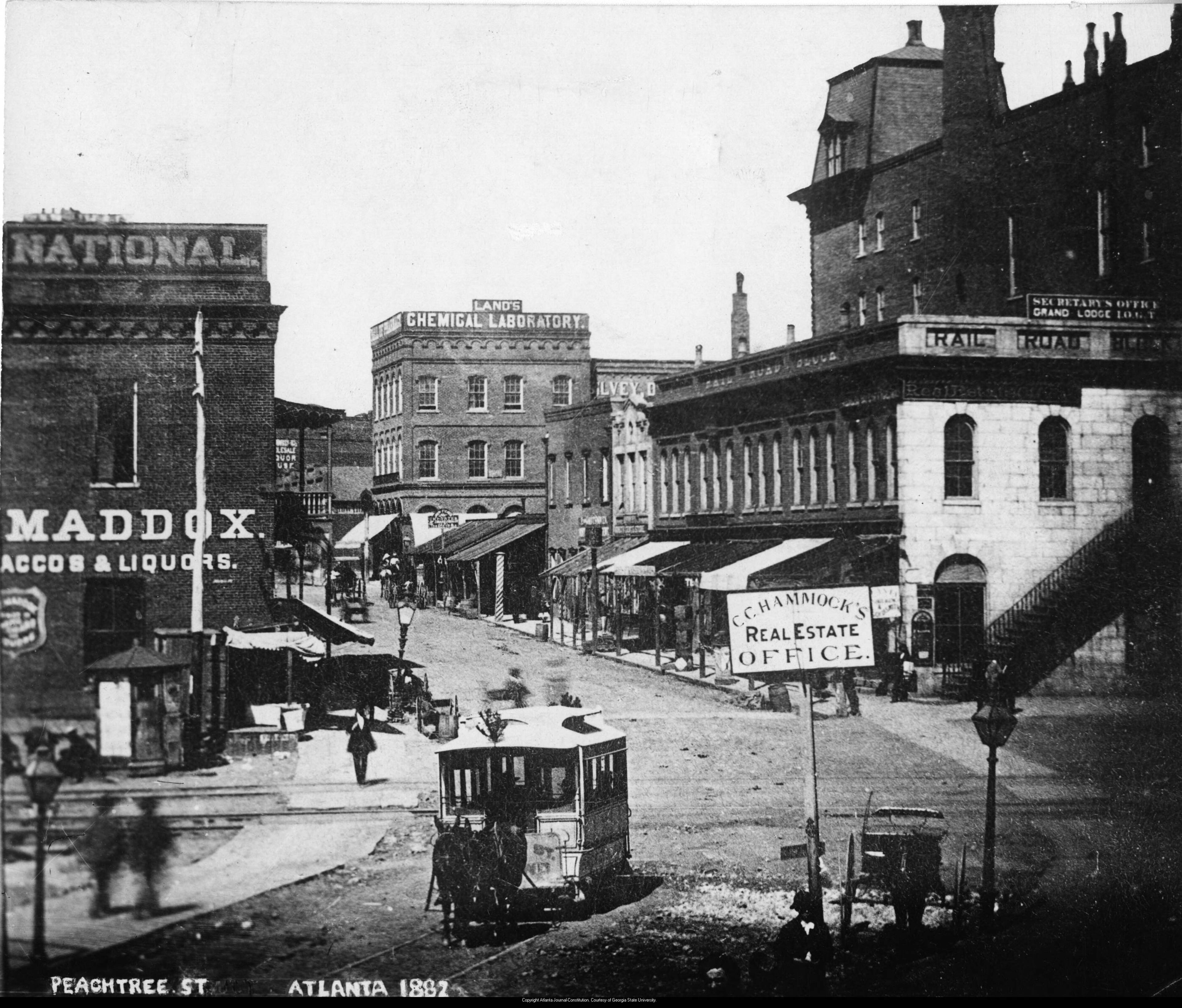 A horse-drawn streetcar heads south on Peachtree Street in 1882. The photo was taken looking north from the railroad crossing. Actually, the streetcar might be on Whitehall, since the street was still known by that name south of Five Points (just north of Five Points, it became Peachtree in the 1860s). Special Collections and Archives, Georgia State University Library