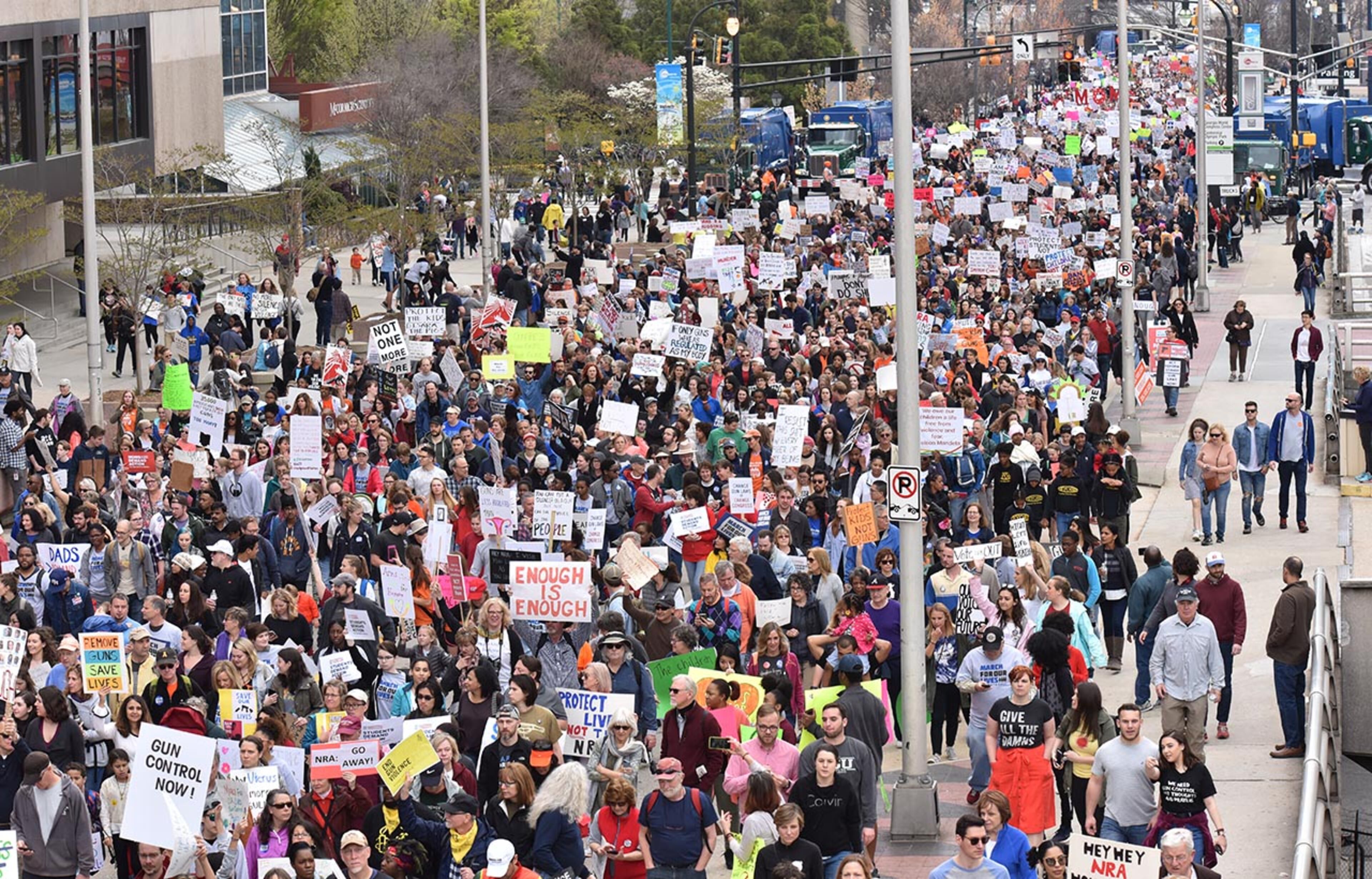 March 24, 2018 Atlanta - Thousands of people march to Liberty Plaza during the March For Our Lives rally in downtown Atlanta on Saturday, March 24, 2018. Atlanta police estimated the crowd at near 30,000 for today's March for Our Lives. People of all ages were drawn to one of the nationwide demonstrations in a movement begun by student survivors of last month's mass killing in a Parkland, Fla., school. Some of those Florida students were among the speakers in Atlanta. HYOSUB SHIN / HSHIN@AJC.COM