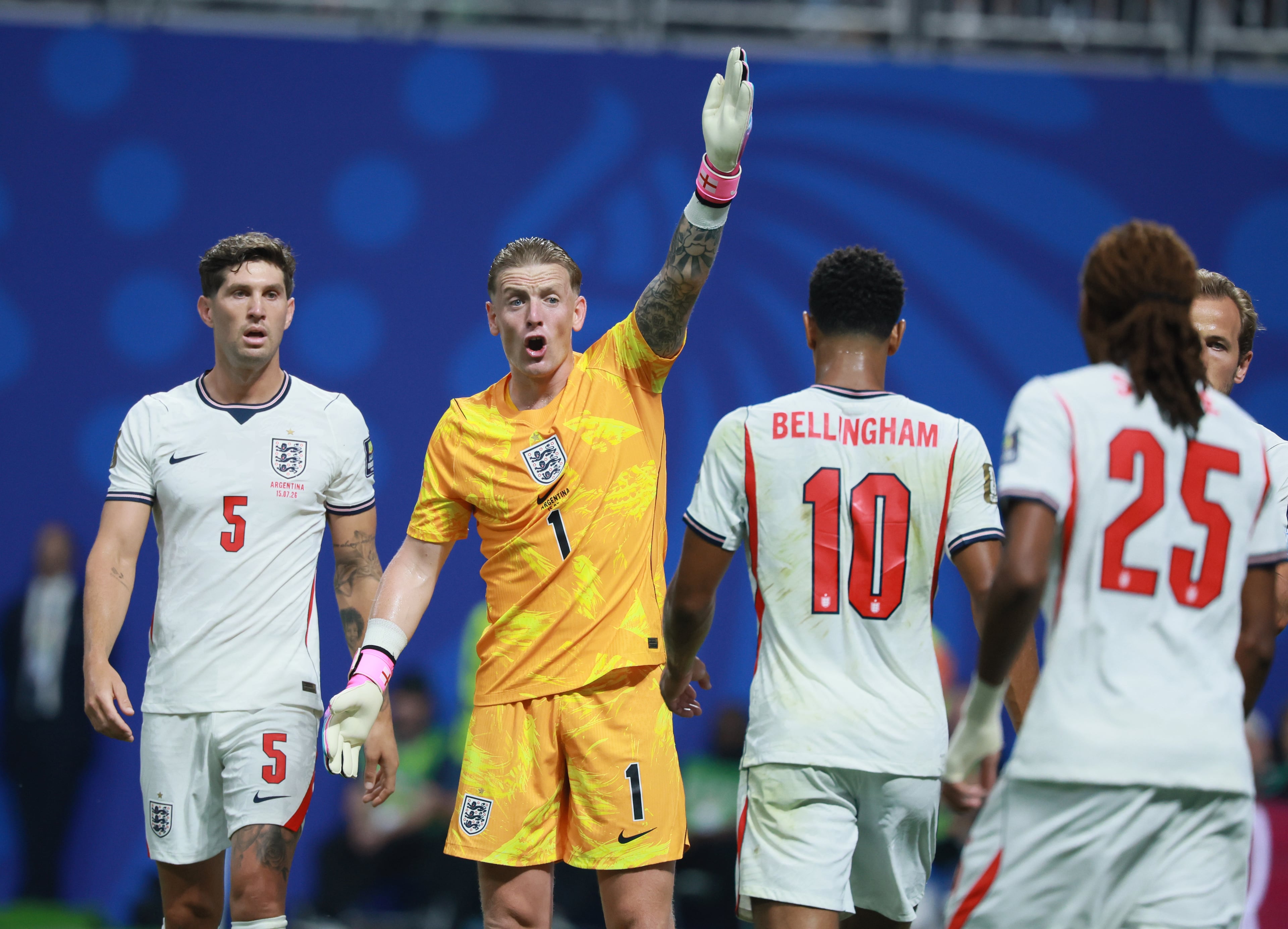 England goalkeeper Jordan Pickford reacts to a cornerkick call during first half of Argentina vs. England FIFA World Cup Semifinal match at Atlanta Stadium (Mercedes-Benz Stadium) on Wednesday, July 15, 2026. (Jason Getz/AJC)