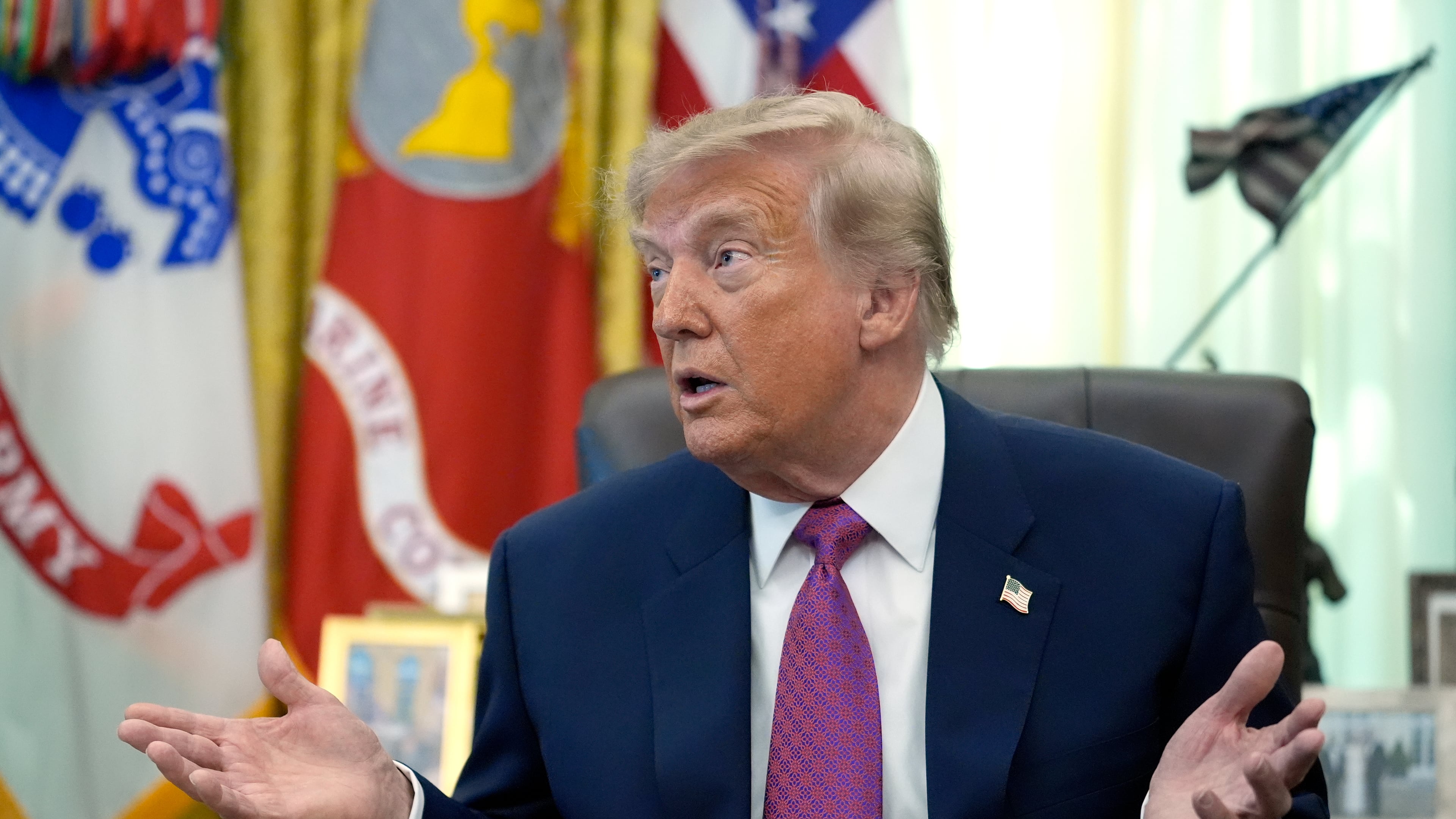 President Donald Trump speaks in the Oval Office of the White House, Thursday, Aug. 27, 2026, in Washington. (AP Photo/Manuel Balce Ceneta)