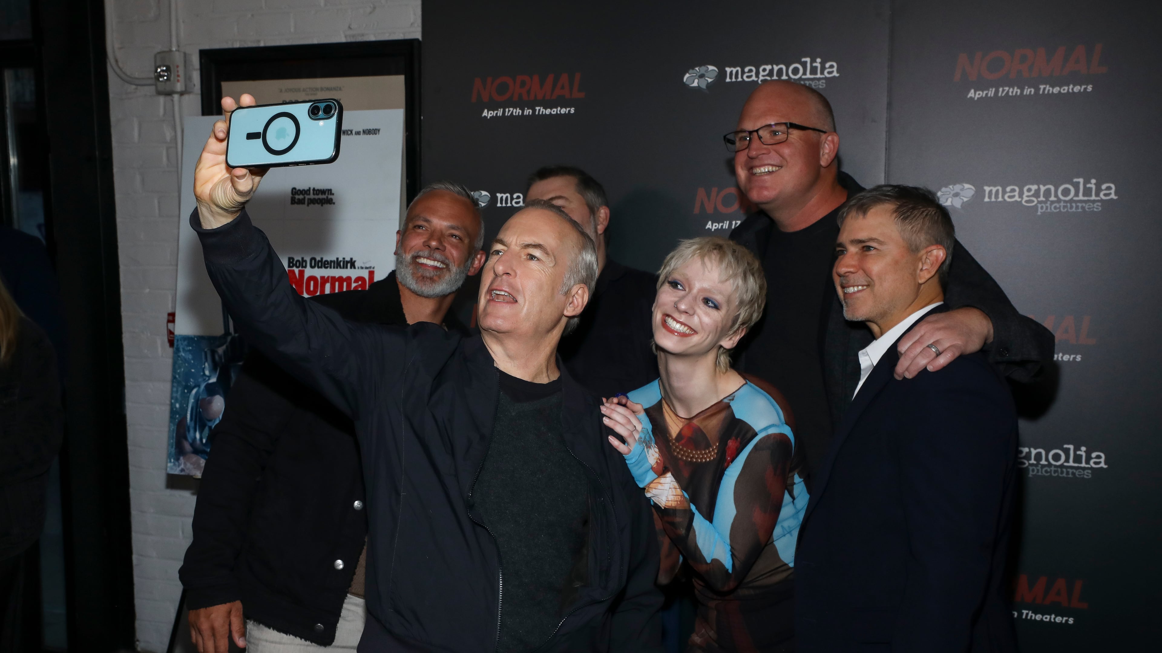 From left, Greg Rementer, Bob Odenkirk, Jess McLeod, Derek Kolstad and Marietta's Marc Provissiero attend the premiere of "Normal" on Tuesday, April 7, 2026, at Metrograph in New York. (Andy Kropa/AP)