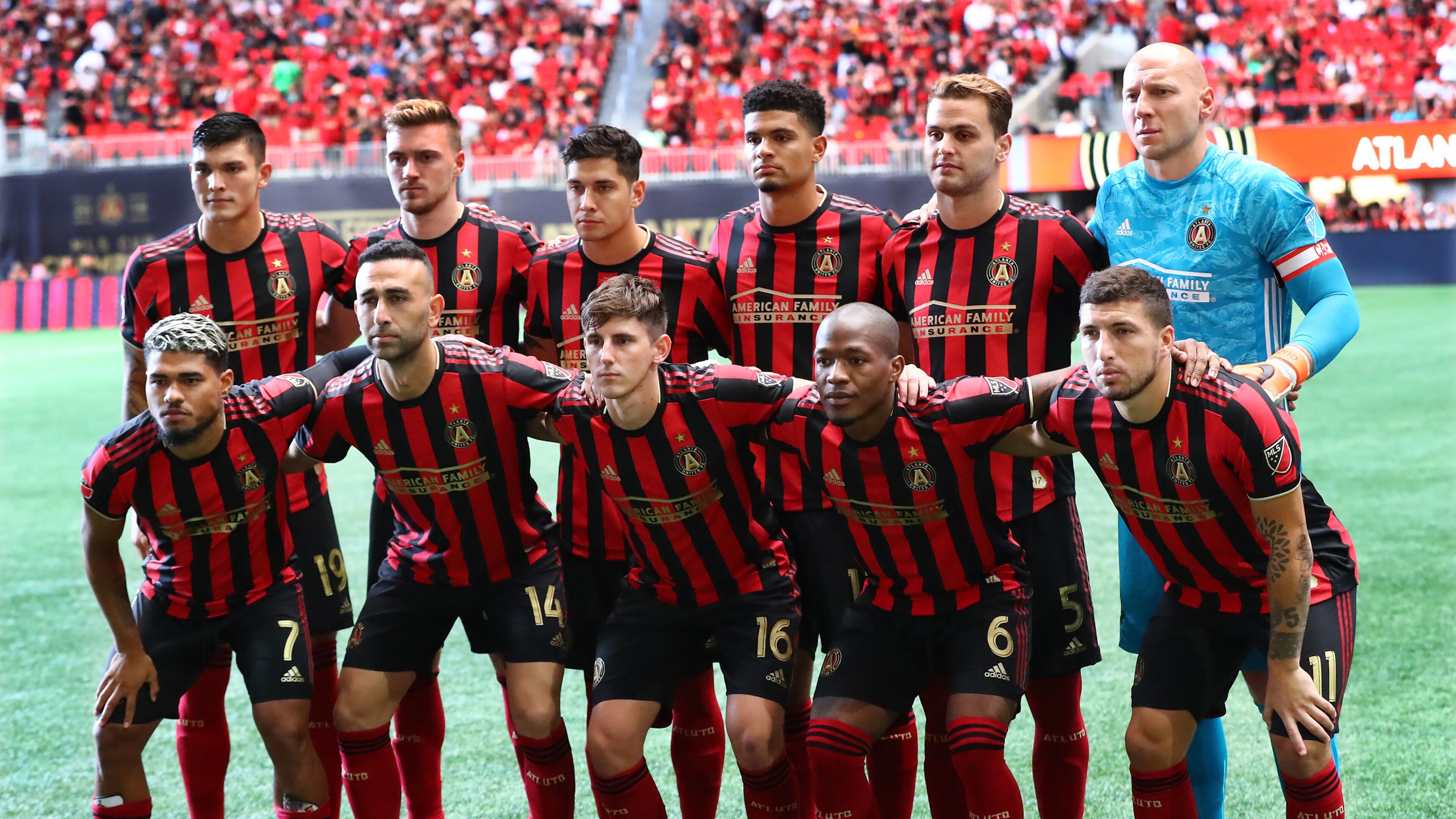 July 21, 2019 Atlanta: Atlanta United starters pose for a team photo taking the field to play D.C. United in a soccer match on Sunday, July 21, 2019, in Atlanta. Curtis Compton/ccompton@ajc.com