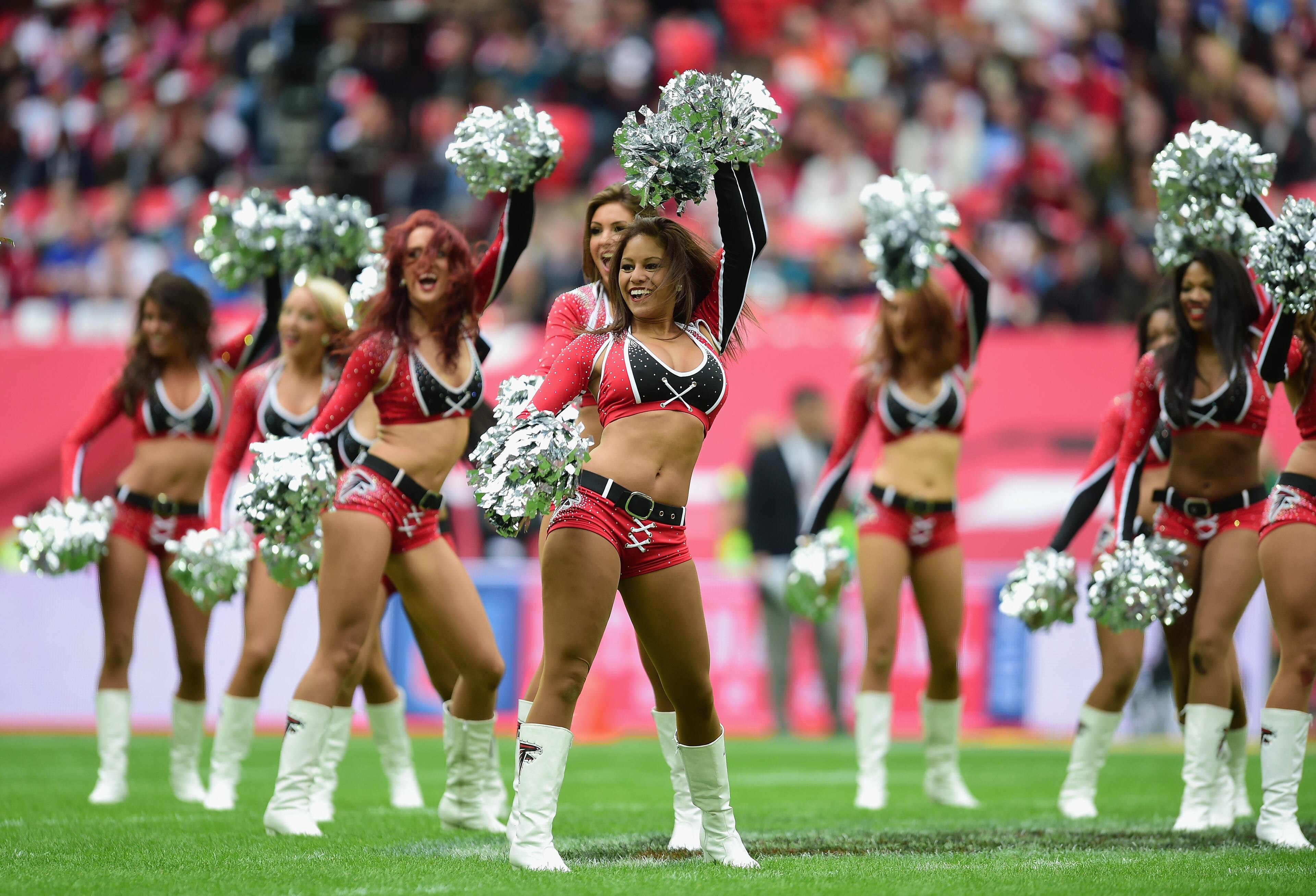 Falcons cheerleaders perform during the NFL match between Detroit Lions and Atlanta Falcons at Wembley Stadium on October 26, 2014 in London, England. (Photo by Jamie McDonald/Getty Images)