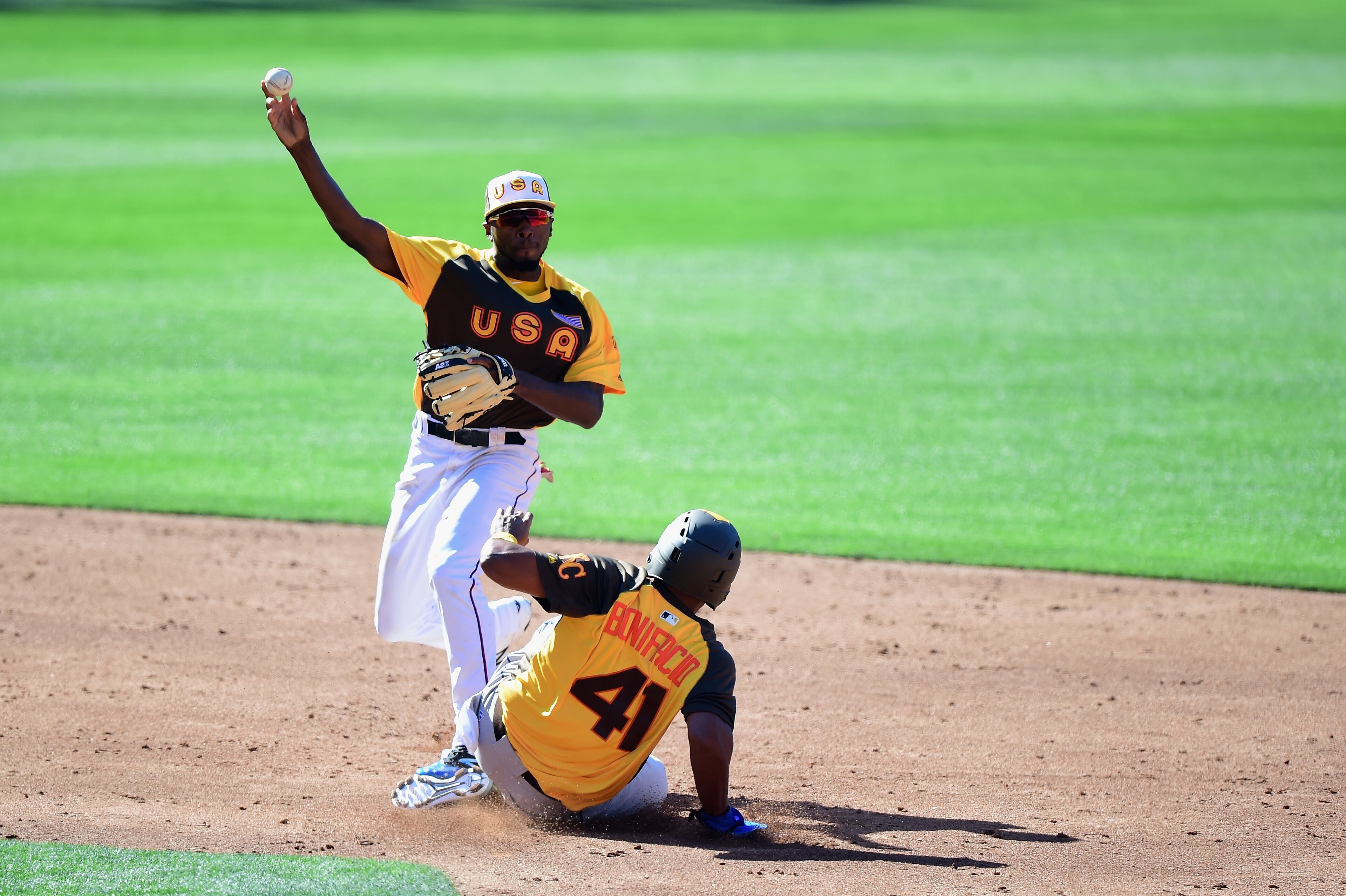 Travis Demeritte throws to first during the SiriusXM All-Star Futures Game at PETCO Park on July 10, 2016 in San Diego, California. (Photo by Harry How/Getty Images)