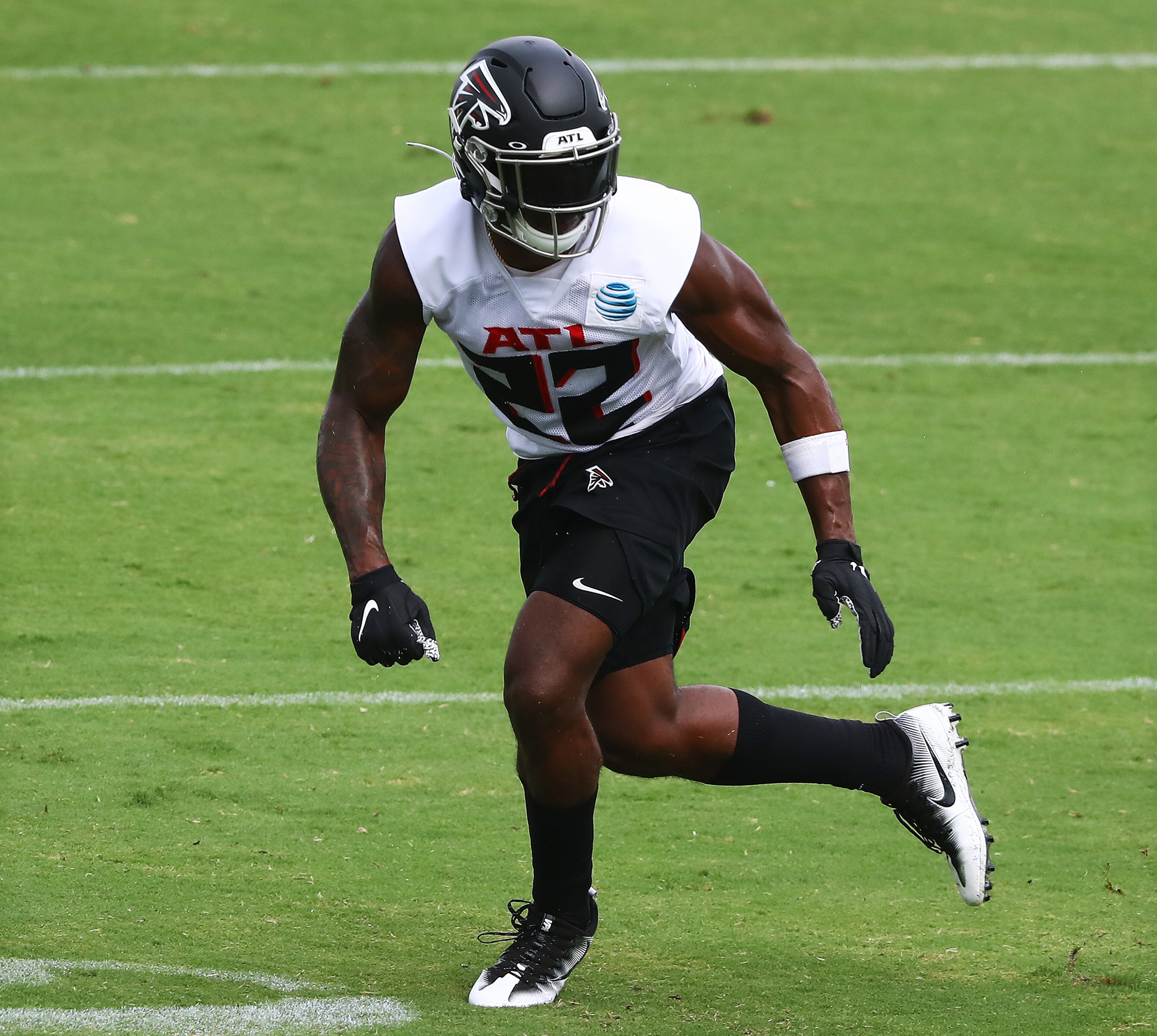 Falcons safety Keanu Neal defends on a pass play during training camp on Saturday, August 15, 2020 in Flowery Branch. Curtis Compton ccompton@ajc.com