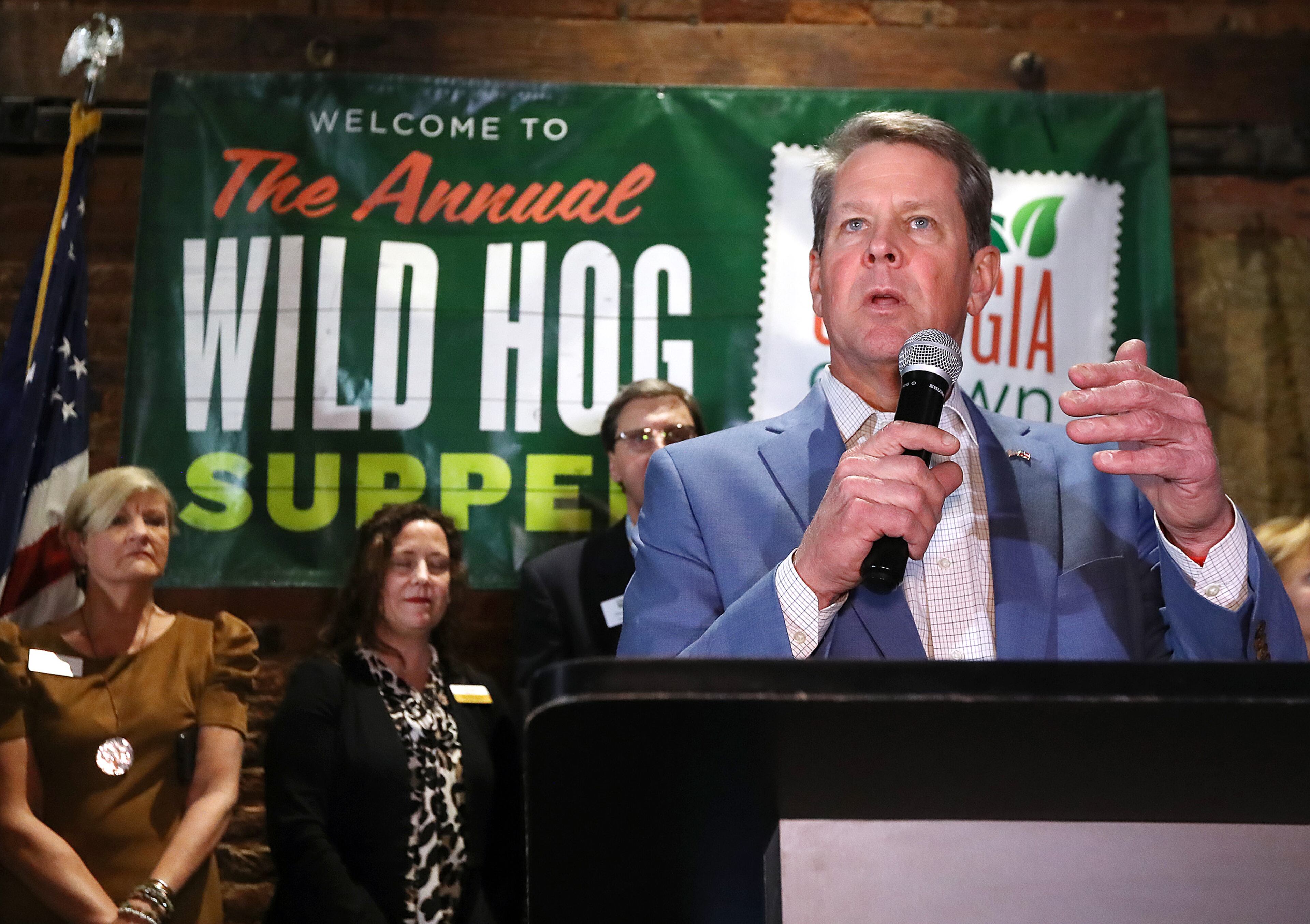 January 12, 2020 Atlanta: Governor Brian Kemp speaks at the Wild Hog Supper legislative kickoff event at the Georgia Freight Depot on Sunday, January 12, 2020, in Atlanta. Curtis Compton ccompton@ajc.com