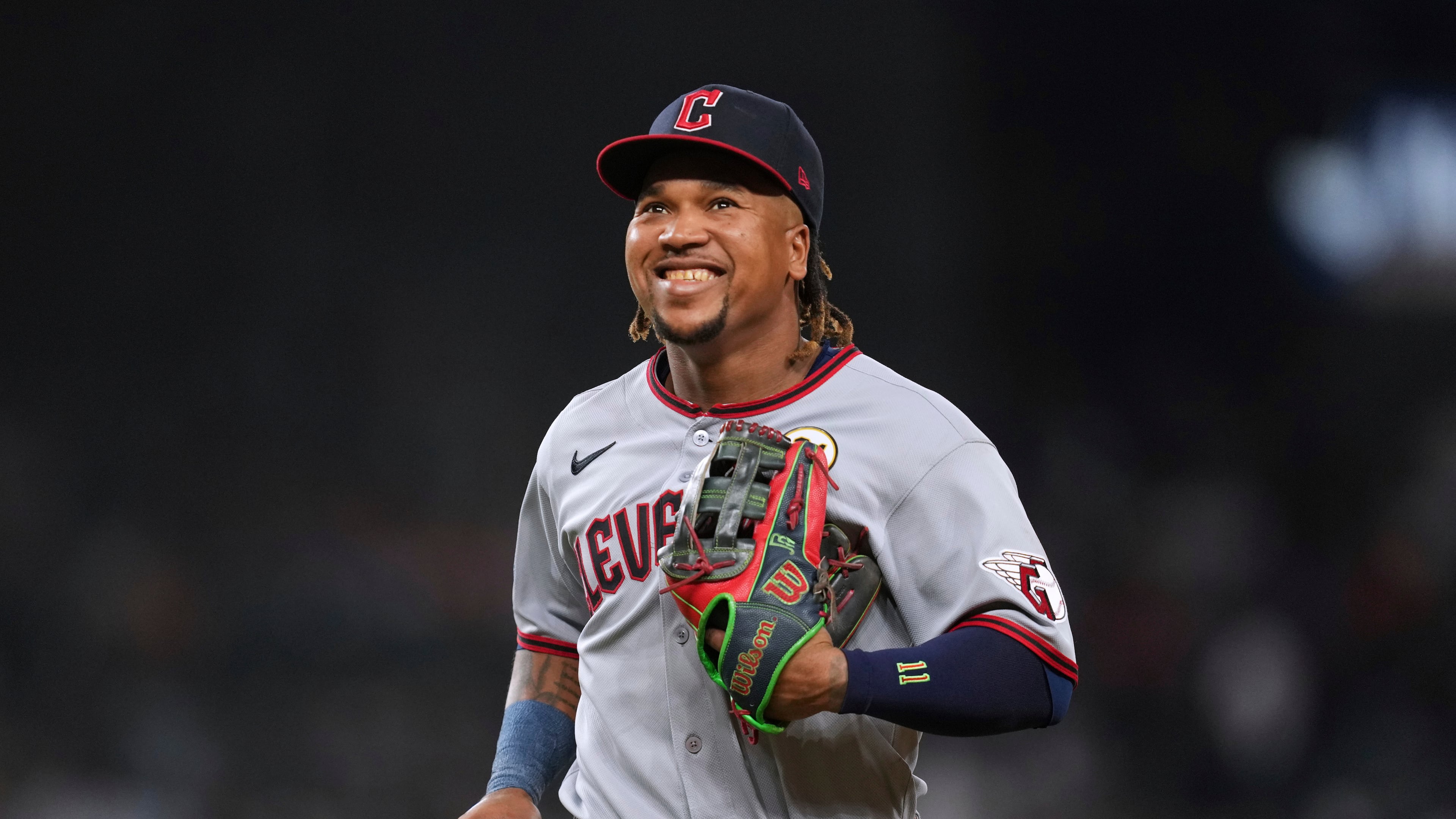 FILE - Cleveland Guardians third baseman JosÈ RamÌrez smiles against the Detroit Tigers during the fifth inning of a baseball game Tuesday, Sept. 16, 2025, in Detroit. (AP Photo/Paul Sancya, File)