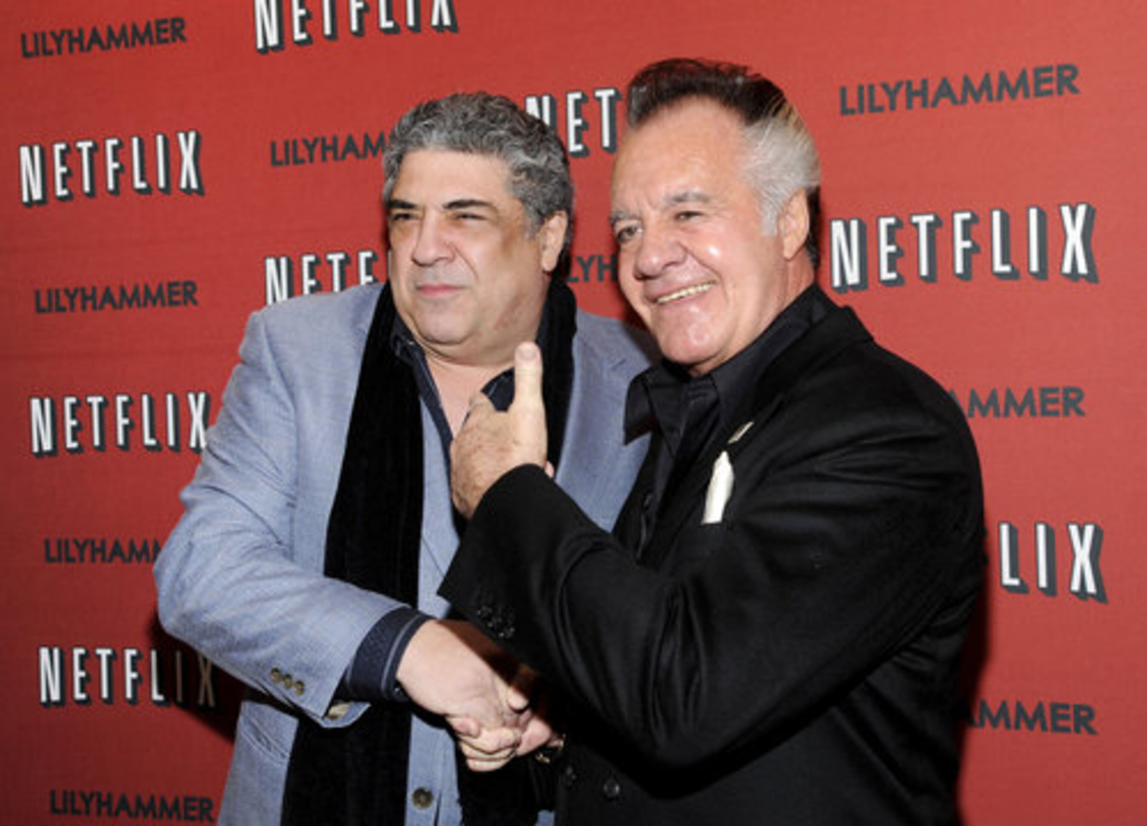 Actors Vincent Pastore, left, and Tony Sirico pose for a photo together on the red carpet.