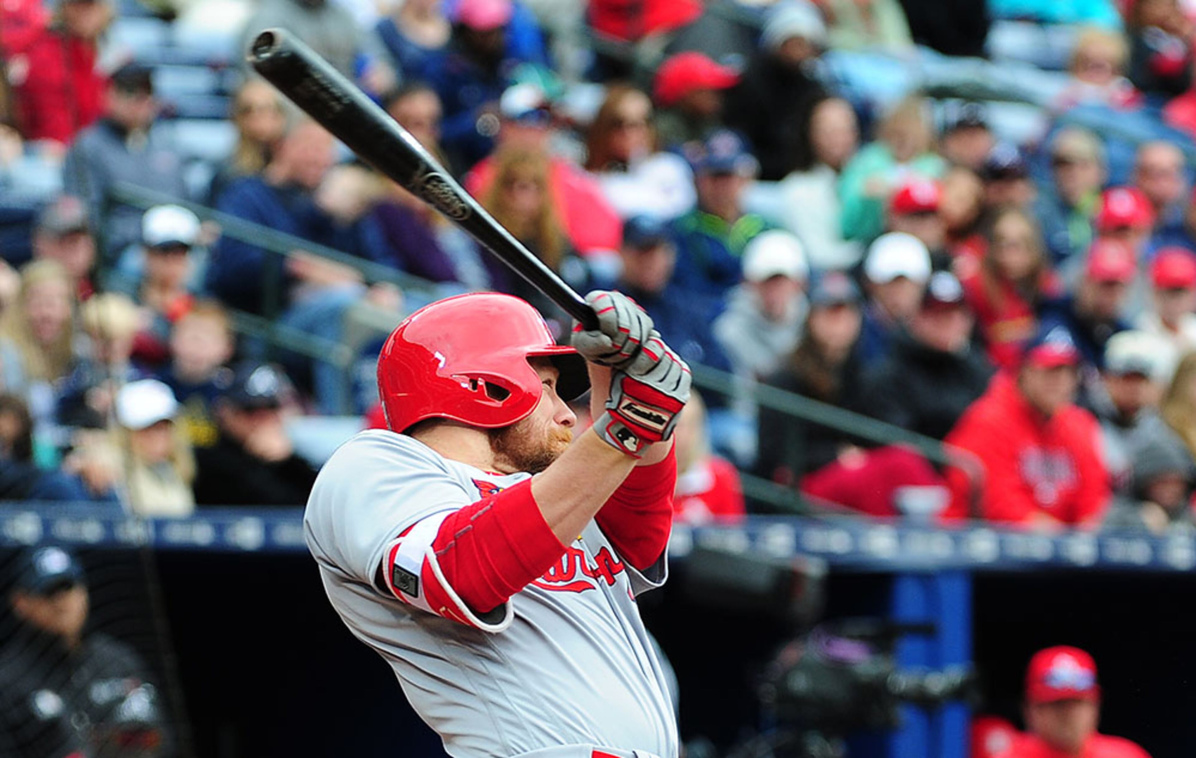 Brandon Moss of the St. Louis Cardinals hits a third inning three-run home run against the Atlanta Braves at Turner Field on April 10, 2016 in Atlanta.