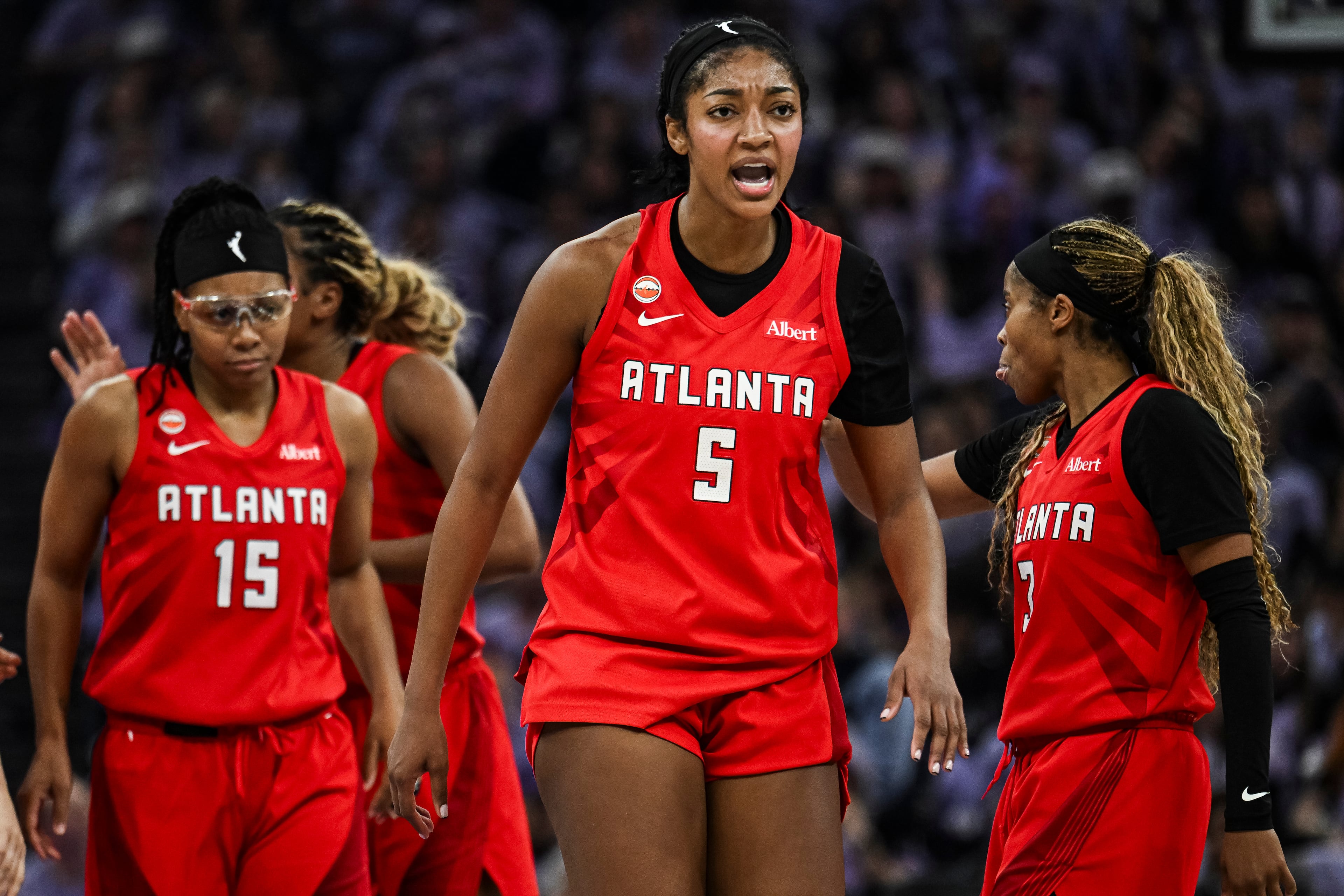 Atlanta Dream forward Angel Reese (5) reacts during the first half of Game 2 of the WNBA basketball finals against the Golden State Valkyries, Monday, Oct. 19, 2026, in San Francisco. (AP Photo/Justine Willard)