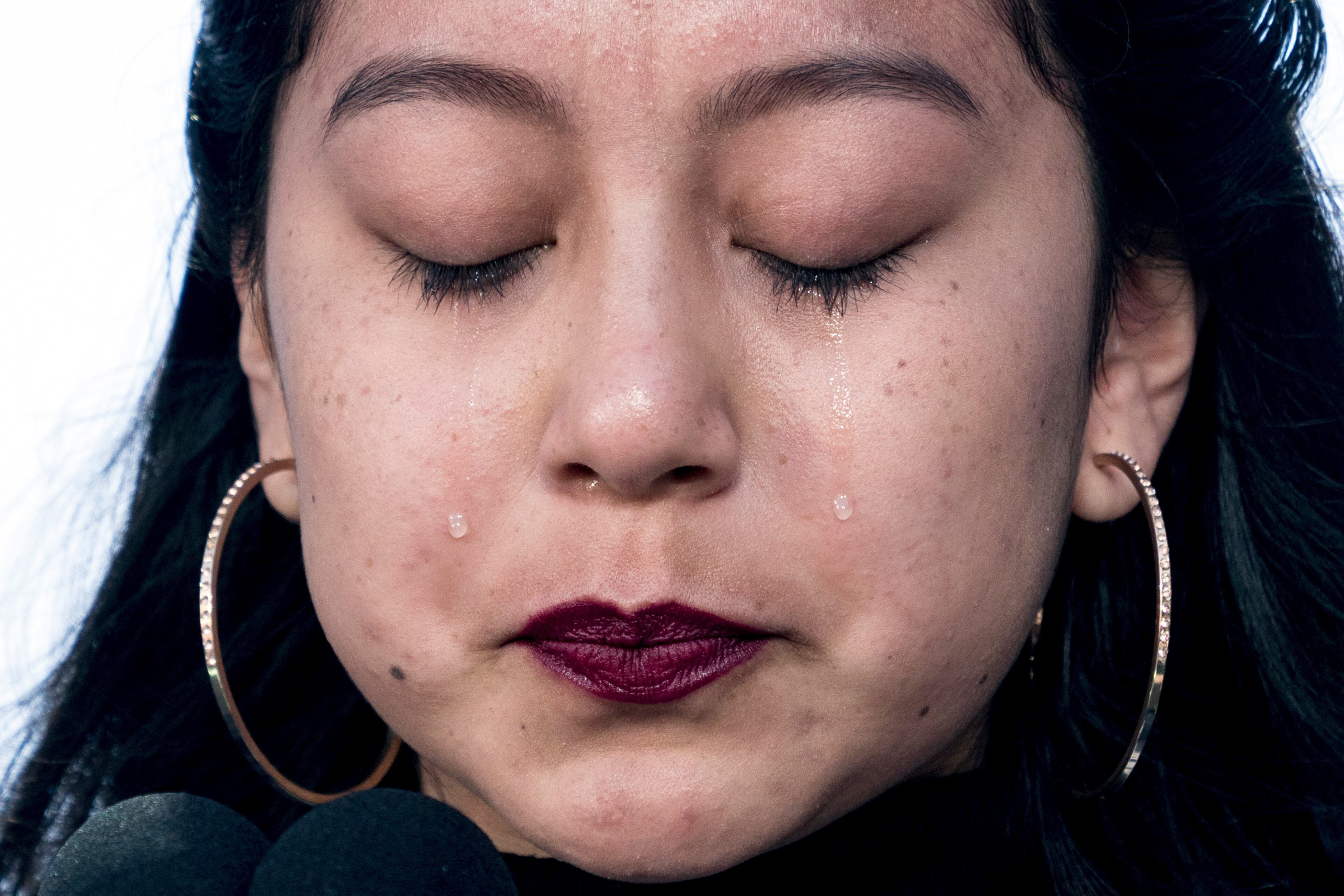 Edna Chavez of Manual Arts High, south of downtown Los Angeles, cries as she speaks during the "March for Our Lives" rally in support of gun control in Washington, Saturday, March 24, 2018. (AP Photo/Andrew Harnik)