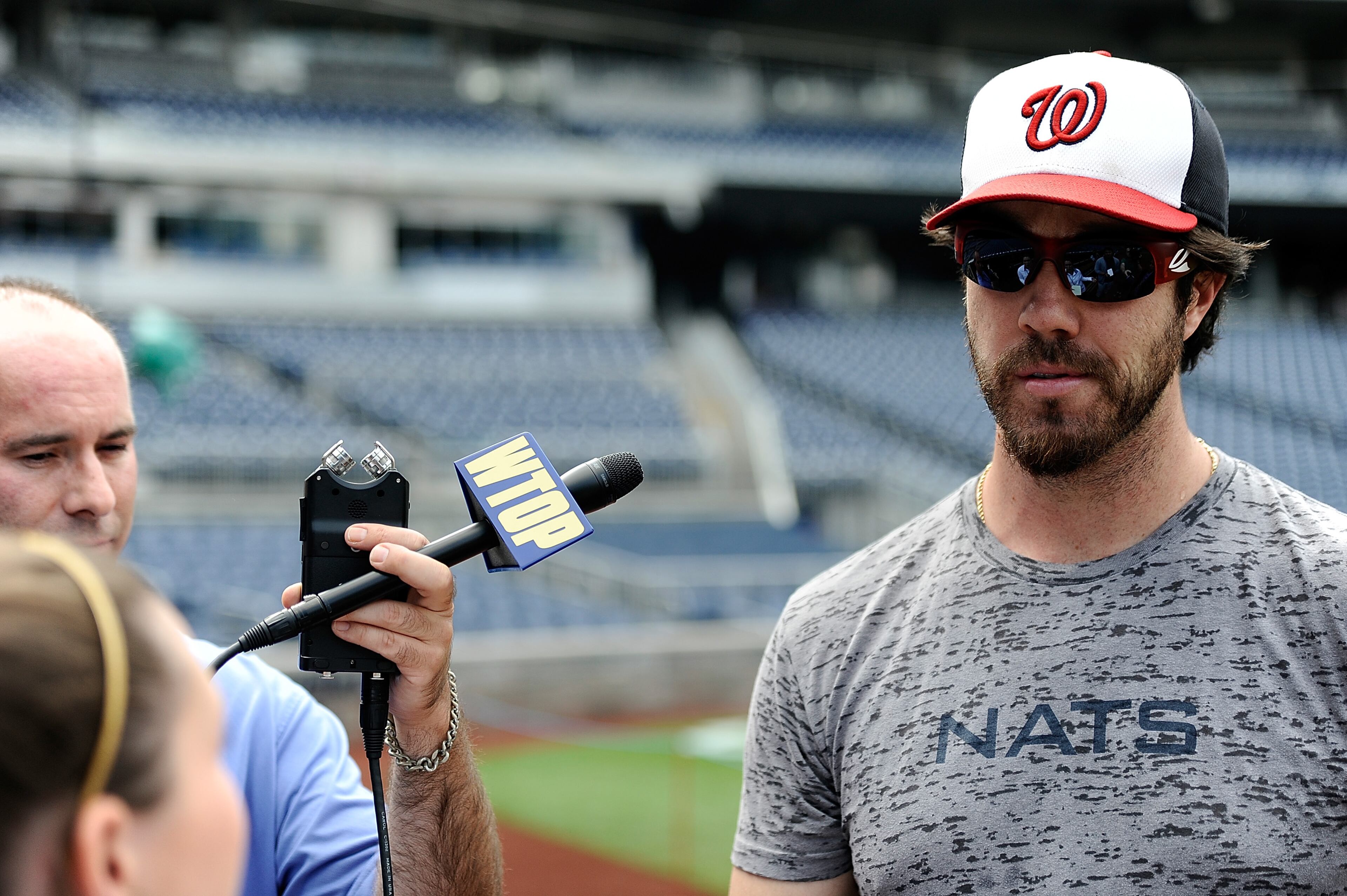 Starting pitcher Dan Haren of the Washington Nationals speaks with members of the media on the field at Nationals Park on Sept. 16, 2013, in Washington, D.C.